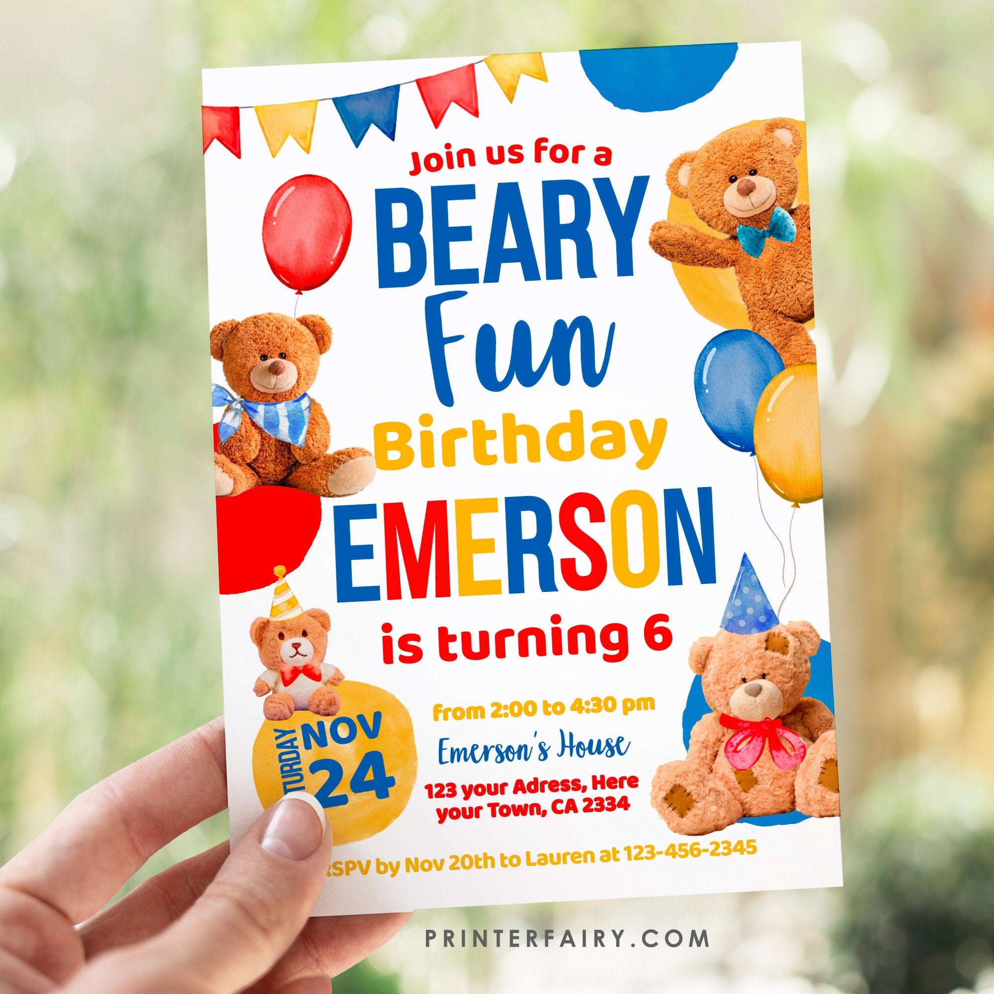 Bear Birthday Invitation, Editable Beary Fun Party Invite (Digital Item)