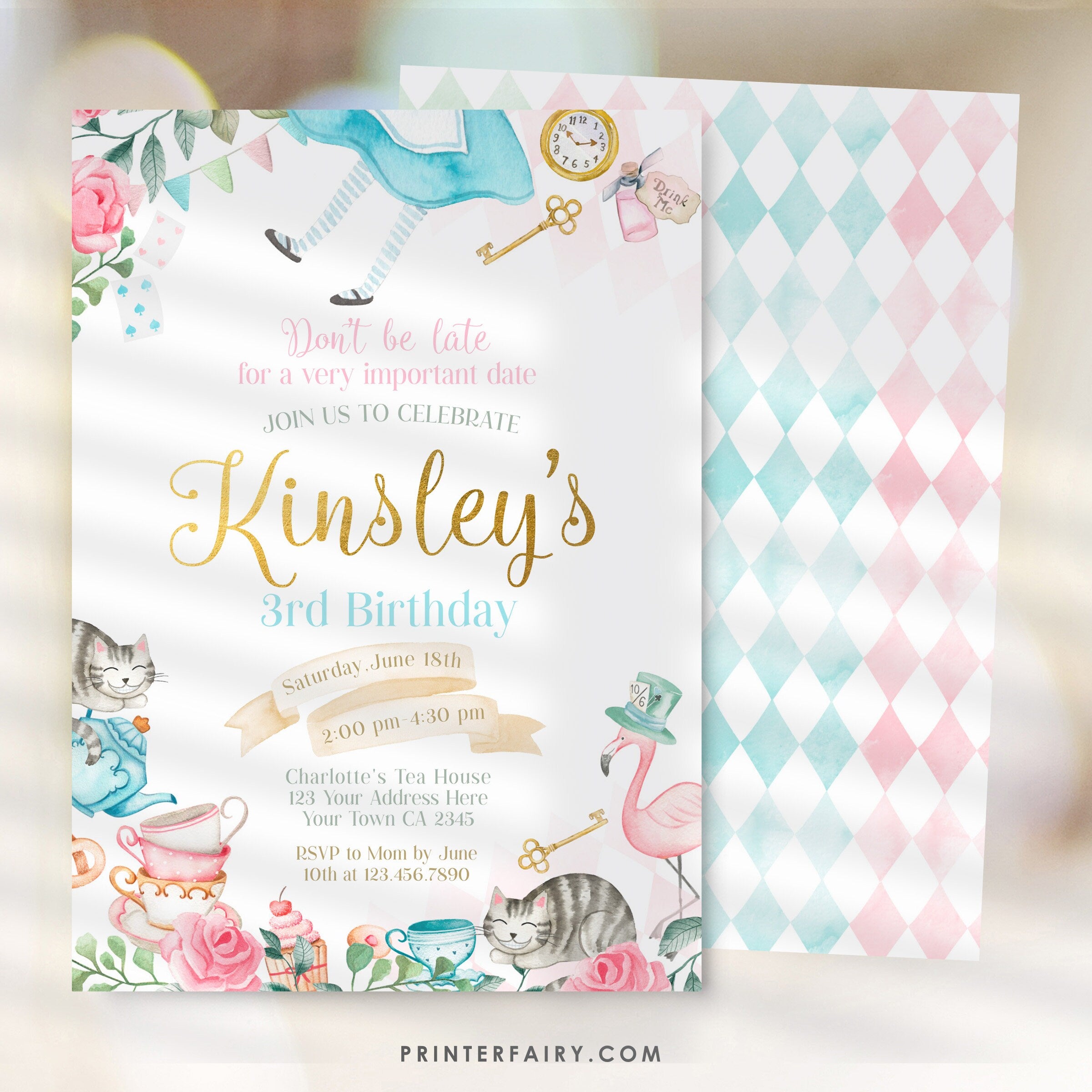 Alice in Wonderland Birthday Invitation, Floral Tea Party, Editable (Digital Download)