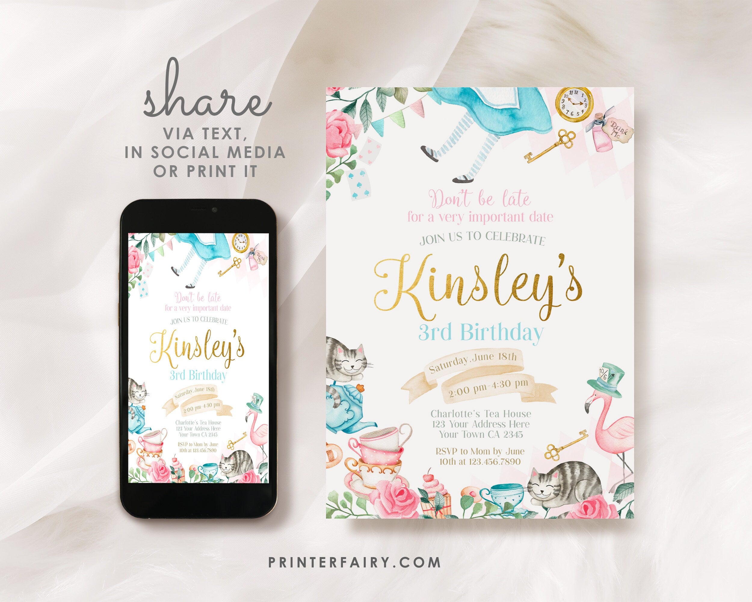 Alice in Wonderland Birthday Invitation, Floral Tea Party, Editable (Digital Download)