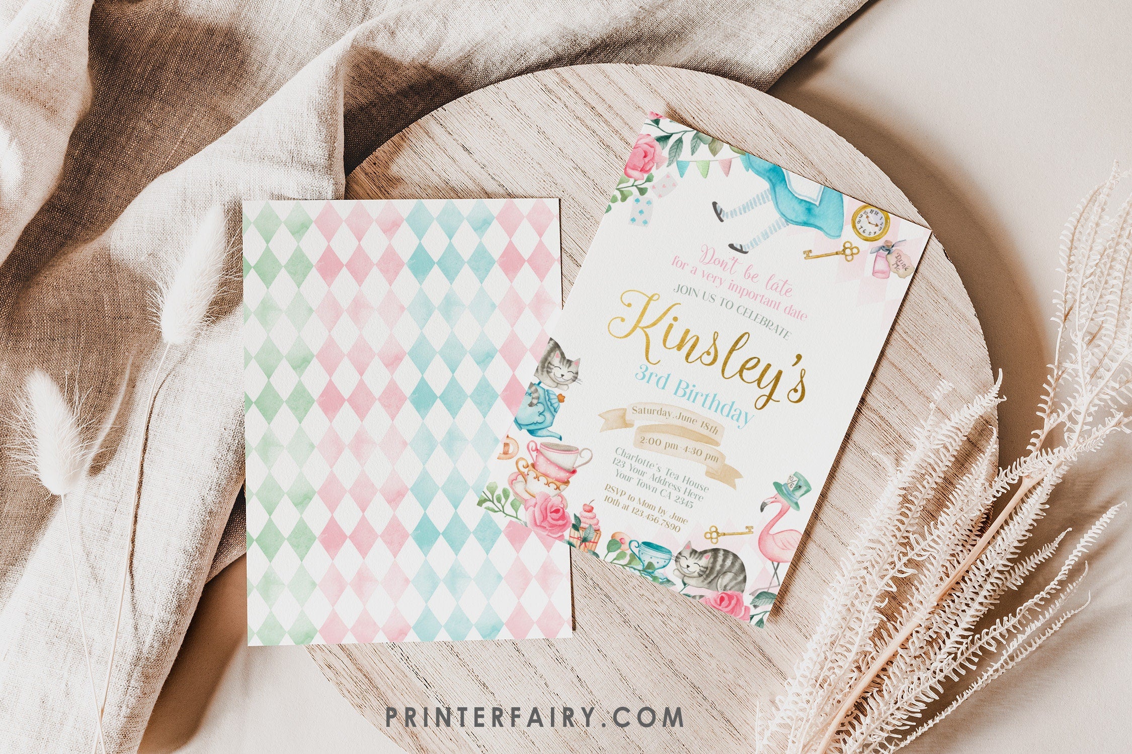 Alice in Wonderland Birthday Invitation, Floral Tea Party, Editable (Digital Download)