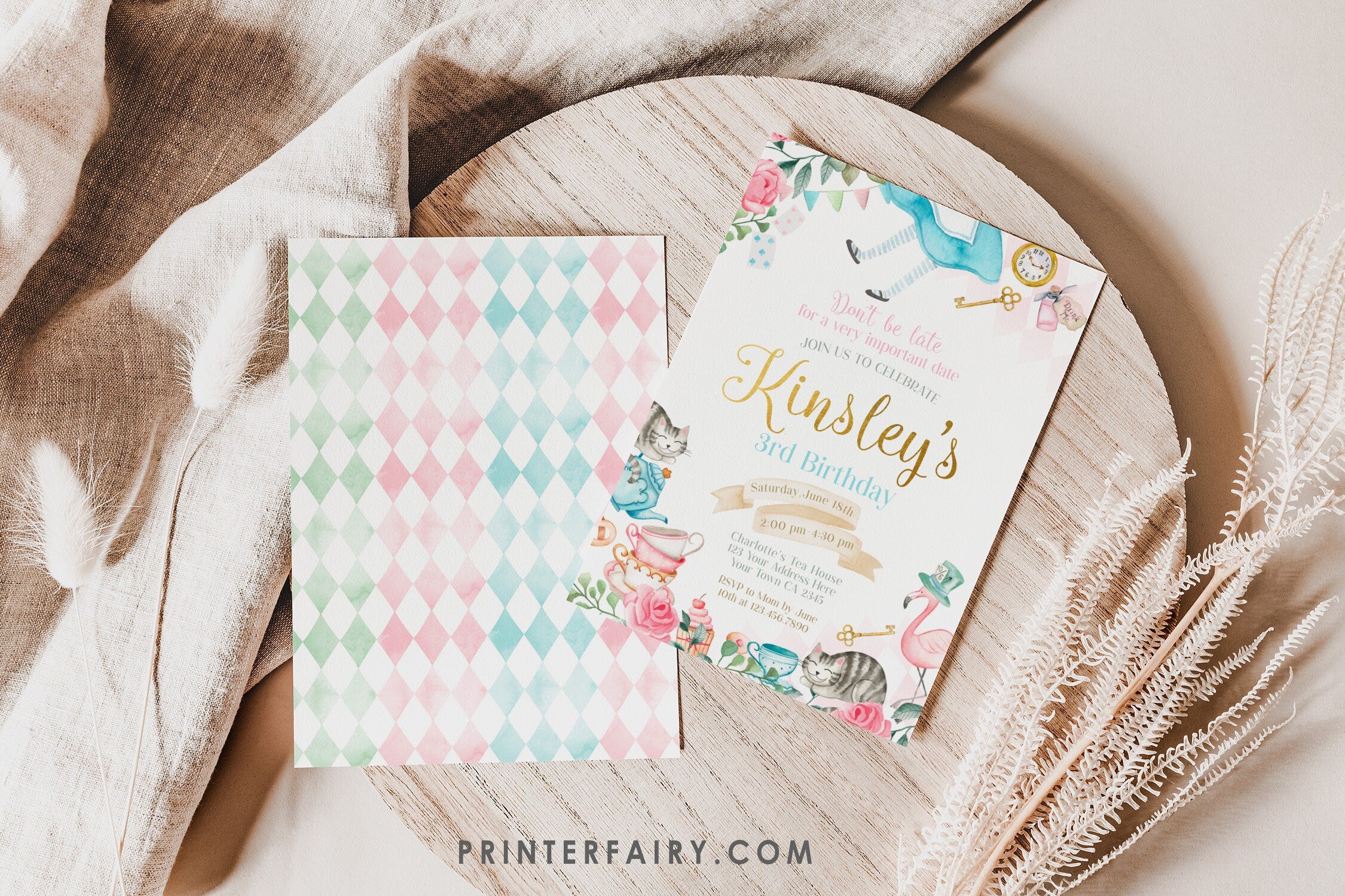Alice in Wonderland Birthday Invitation, Floral Tea Party, Editable (Digital Download)