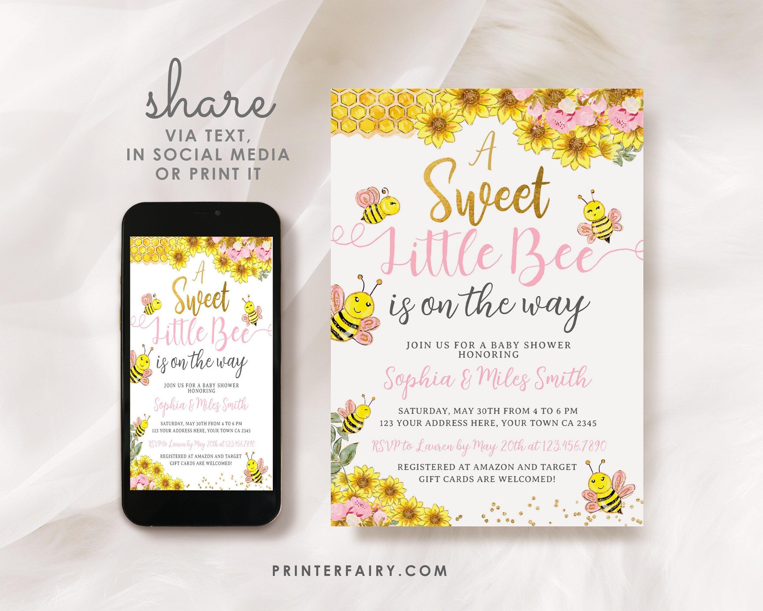 Editable Bee Baby Shower Invitation, Sunflower Design (Digital Invite)