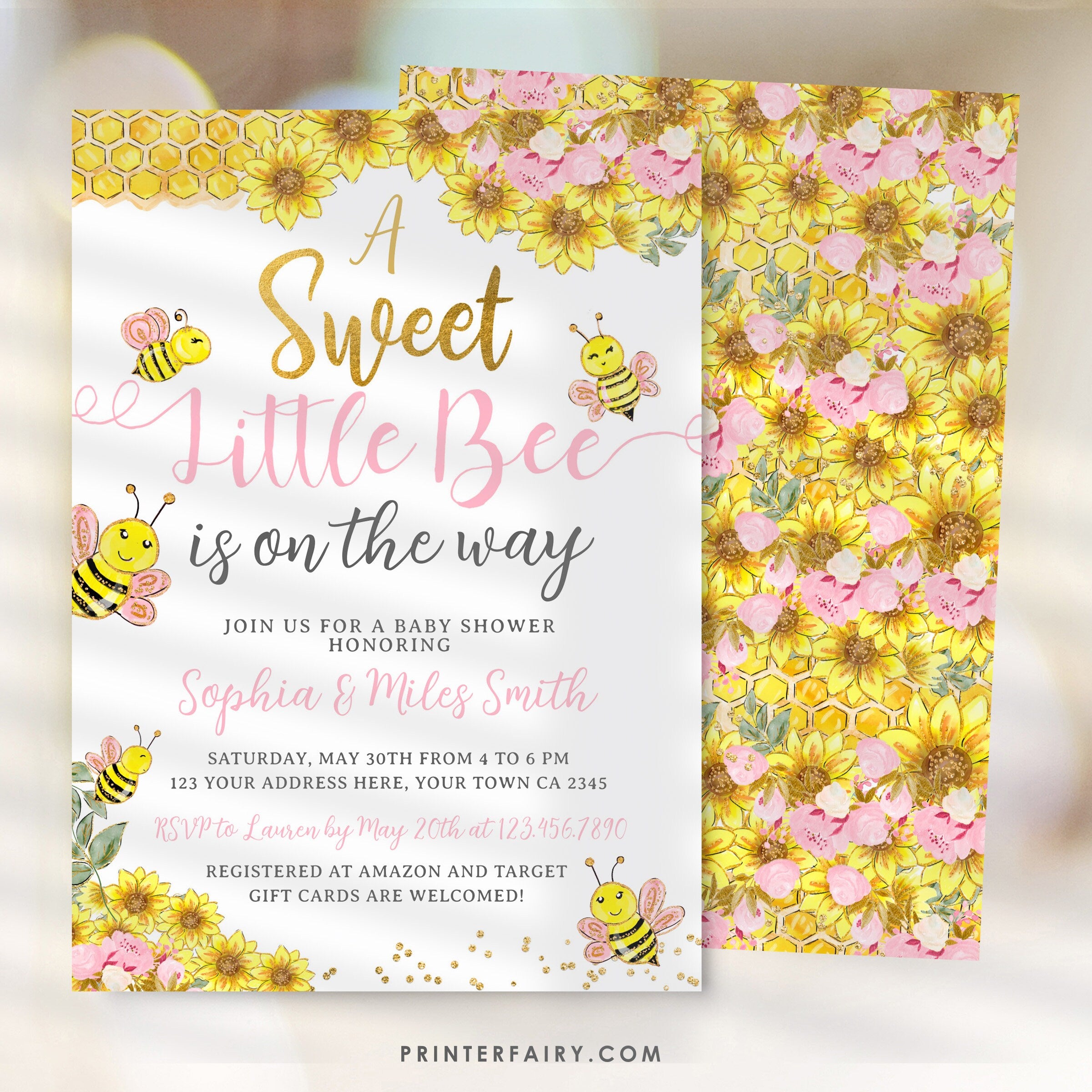 Editable Bee Baby Shower Invitation, Sunflower Design (Digital Invite)