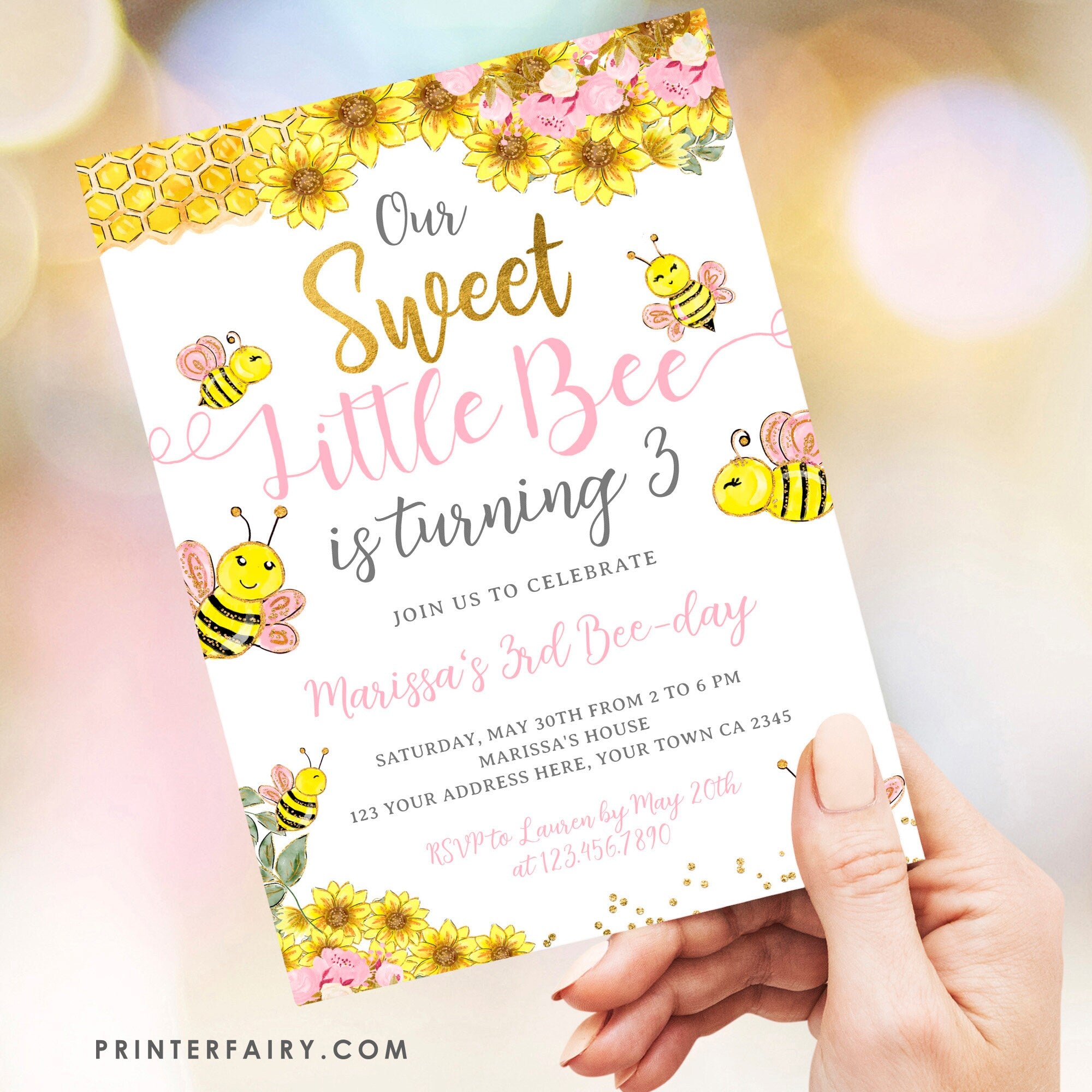Bee Birthday Invitation, Sunflower Party (Editable, Instant Download)