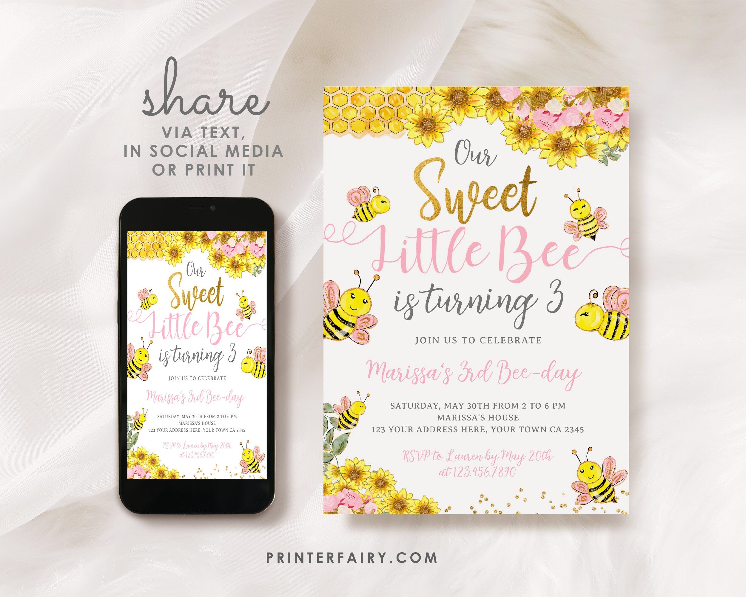 Bee Birthday Invitation, Sunflower Party (Editable, Instant Download)