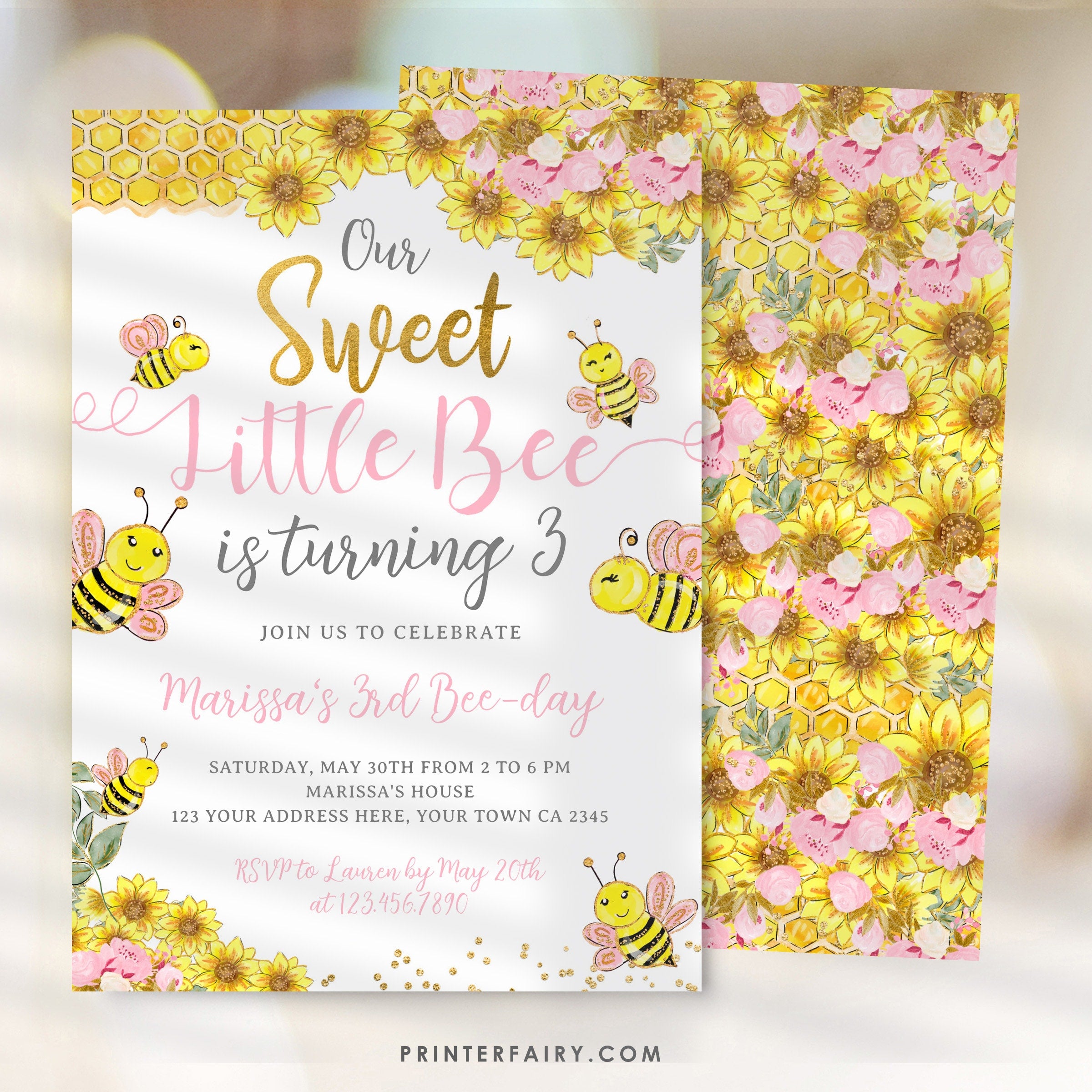 Bee Birthday Invitation, Sunflower Party (Editable, Instant Download)