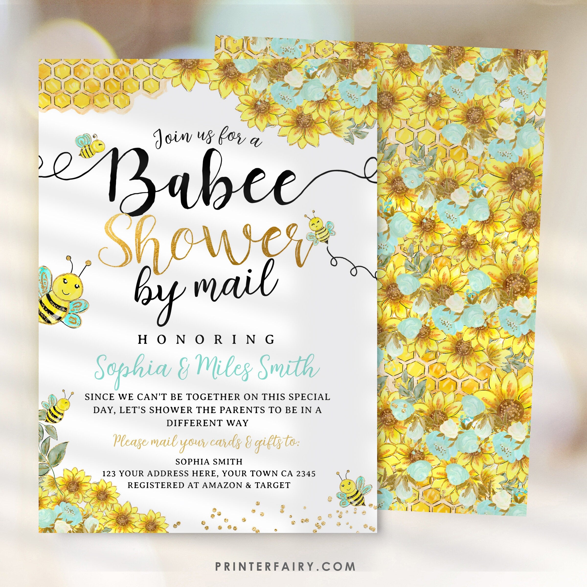 Bee Baby Shower by Mail Invitation, Sunflower Theme (Digital Download)