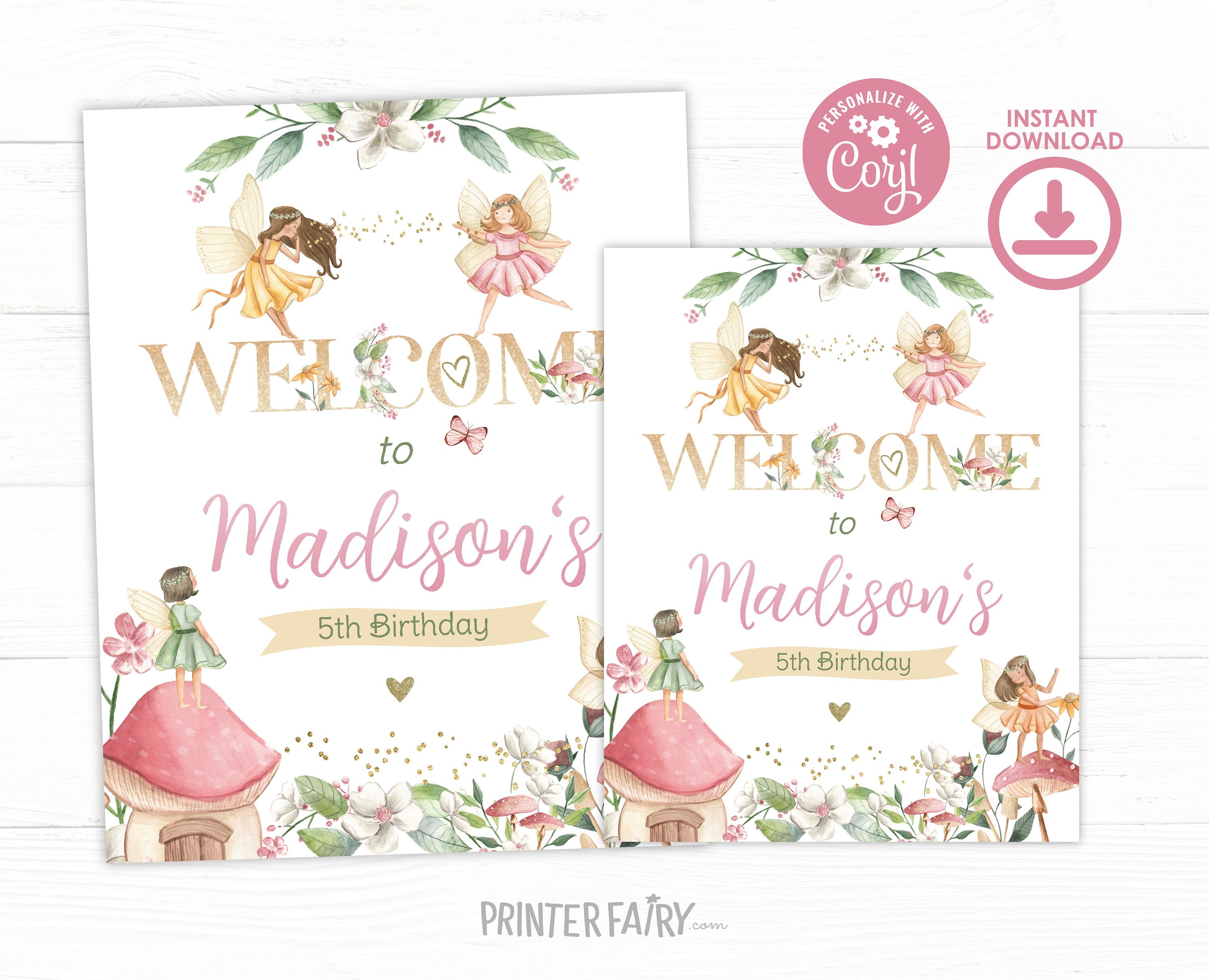 Editable Fairy Birthday Welcome Sign, Floral Garden Party (Instant Download)