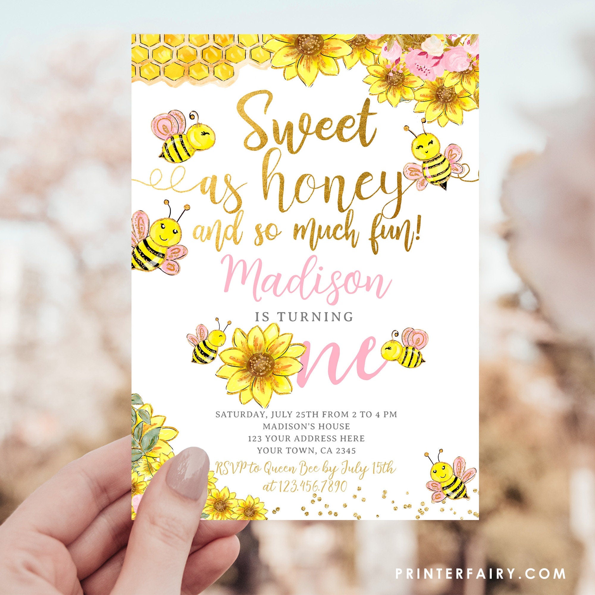 Sunflower Bee 1st Birthday Invitation, Editable Beeday (Instant Download)