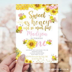 Sunflower Bee 1st Birthday Invitation, Editable Beeday (Instant Download)
