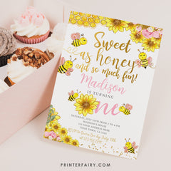Sunflower Bee 1st Birthday Invitation, Editable Beeday (Instant Download)