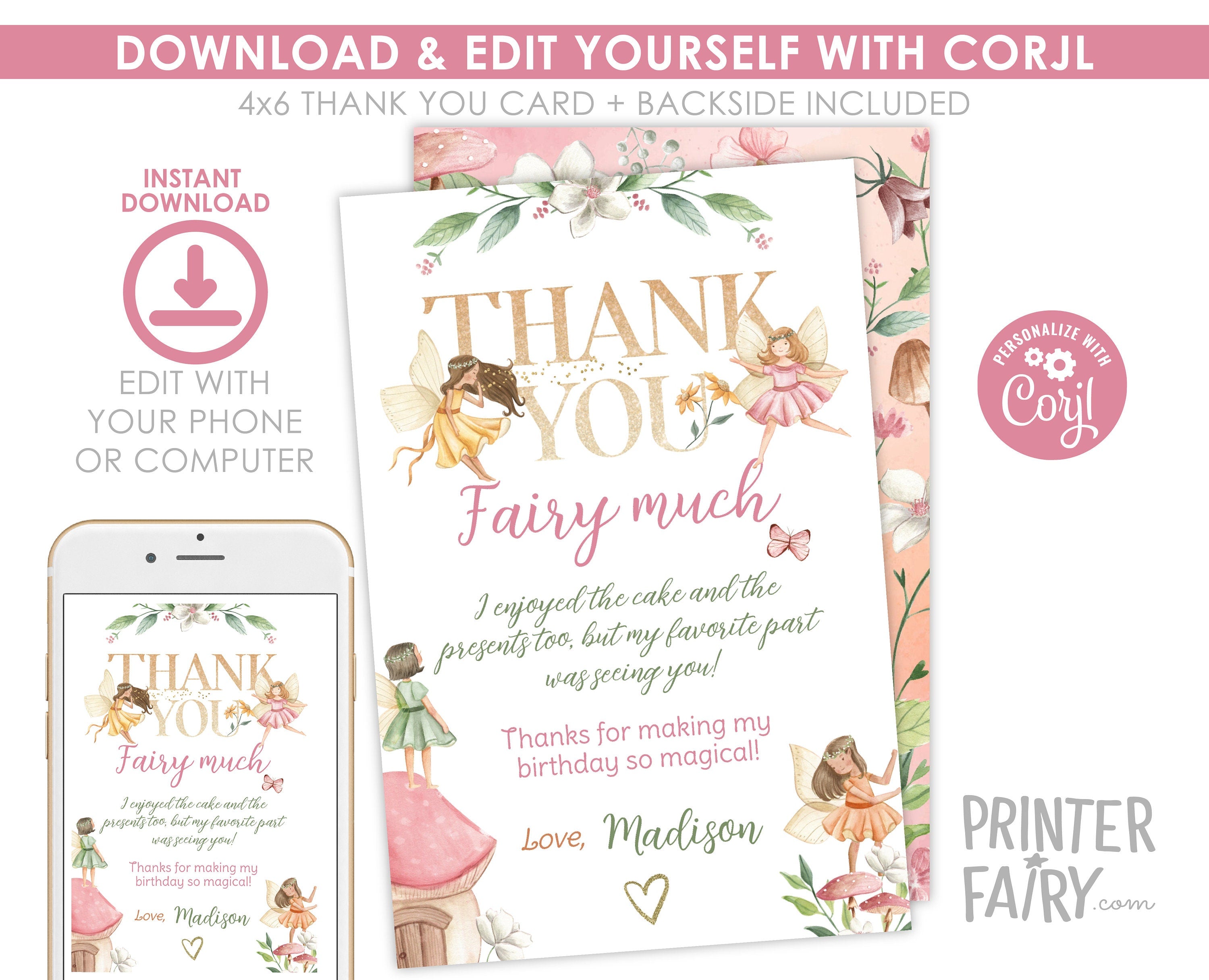 Editable Fairy Birthday Thank You Card, Whimsical Garden Party (Instant Download)
