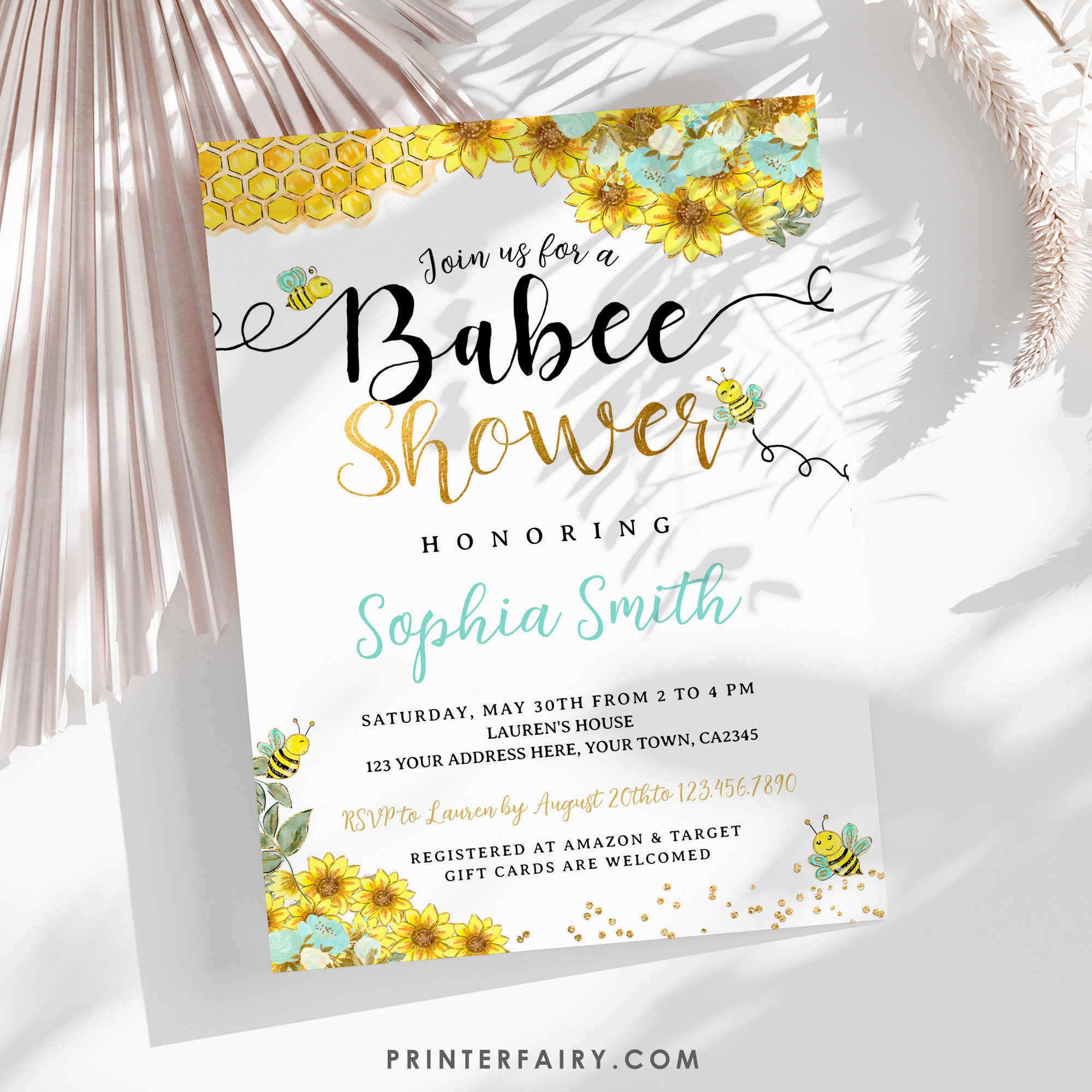 Bee Baby Shower Invitation, Editable Sunflower Invite (Digital)