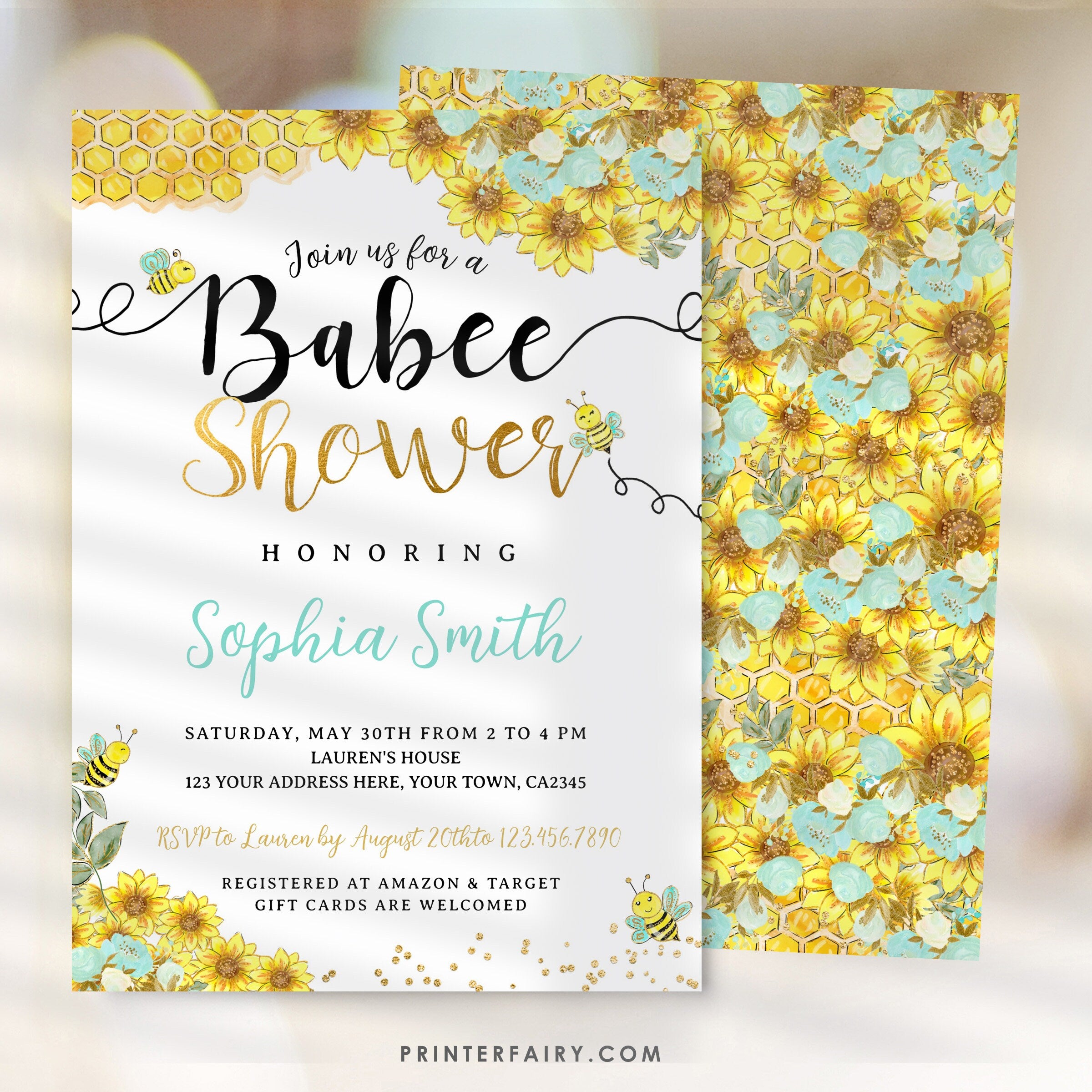 Bee Baby Shower Invitation, Editable Sunflower Invite (Digital)