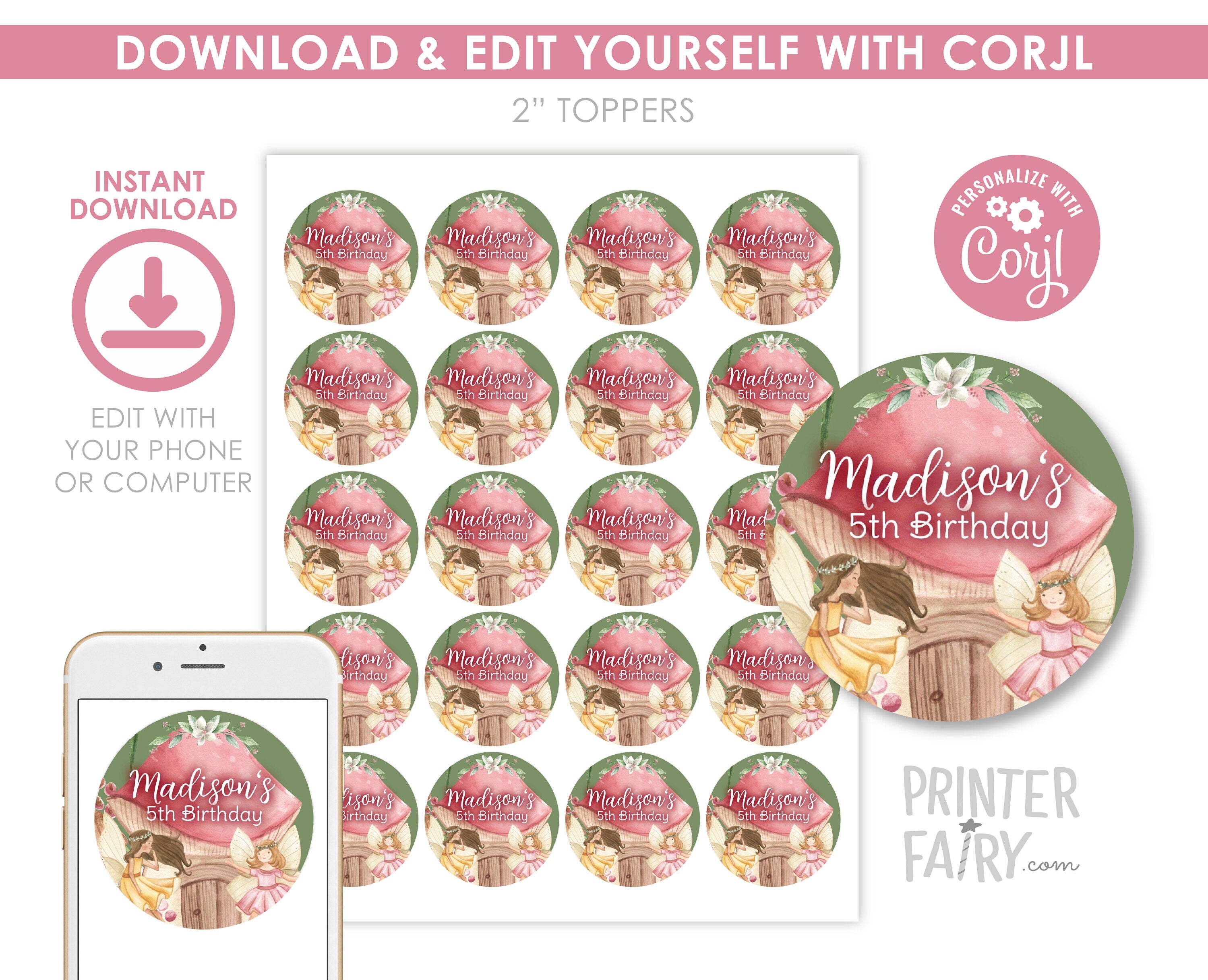 Editable Fairy Birthday Muffin Toppers, Favor Bag Labels (Instant Download)