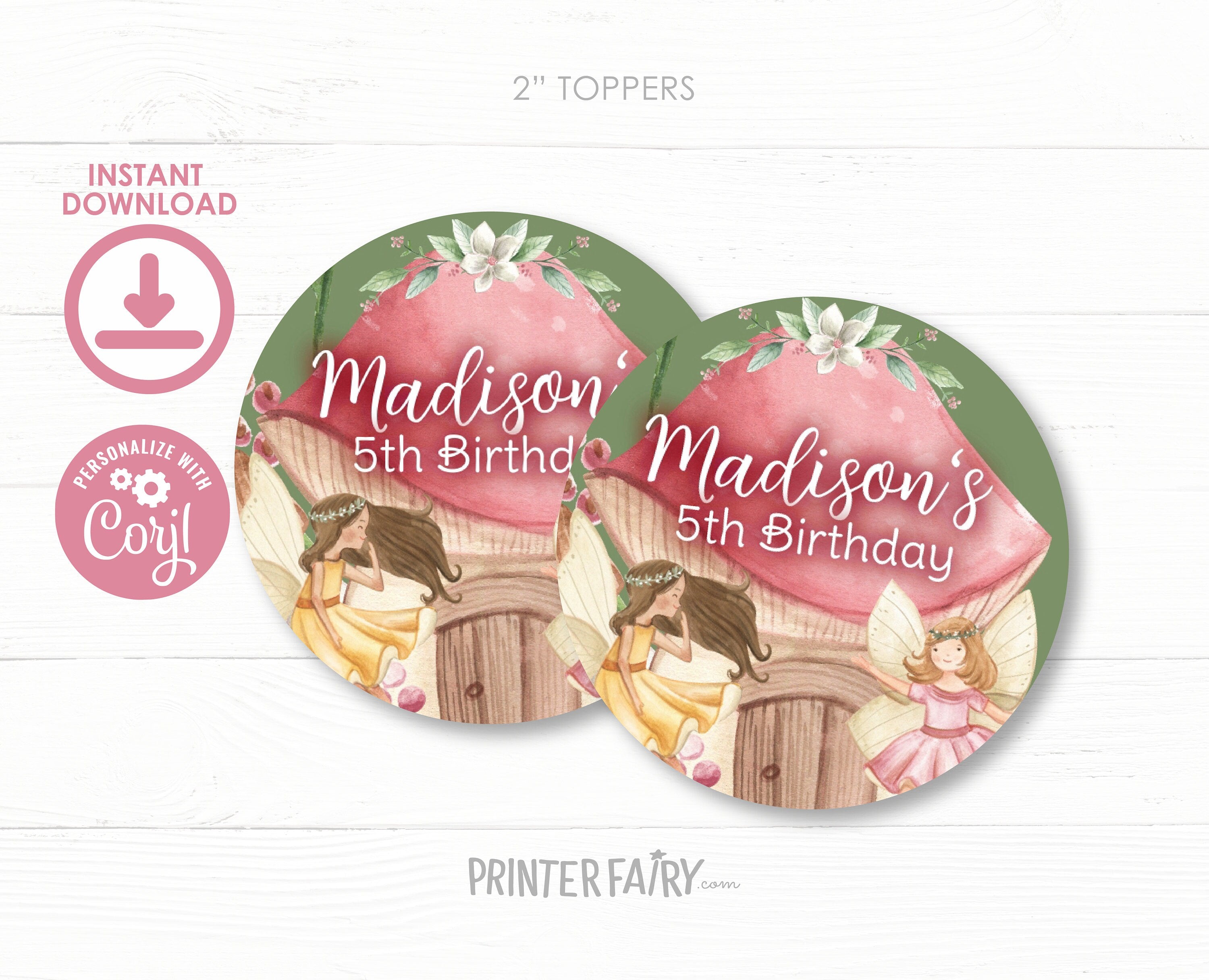 Editable Fairy Birthday Muffin Toppers, Favor Bag Labels (Instant Download)