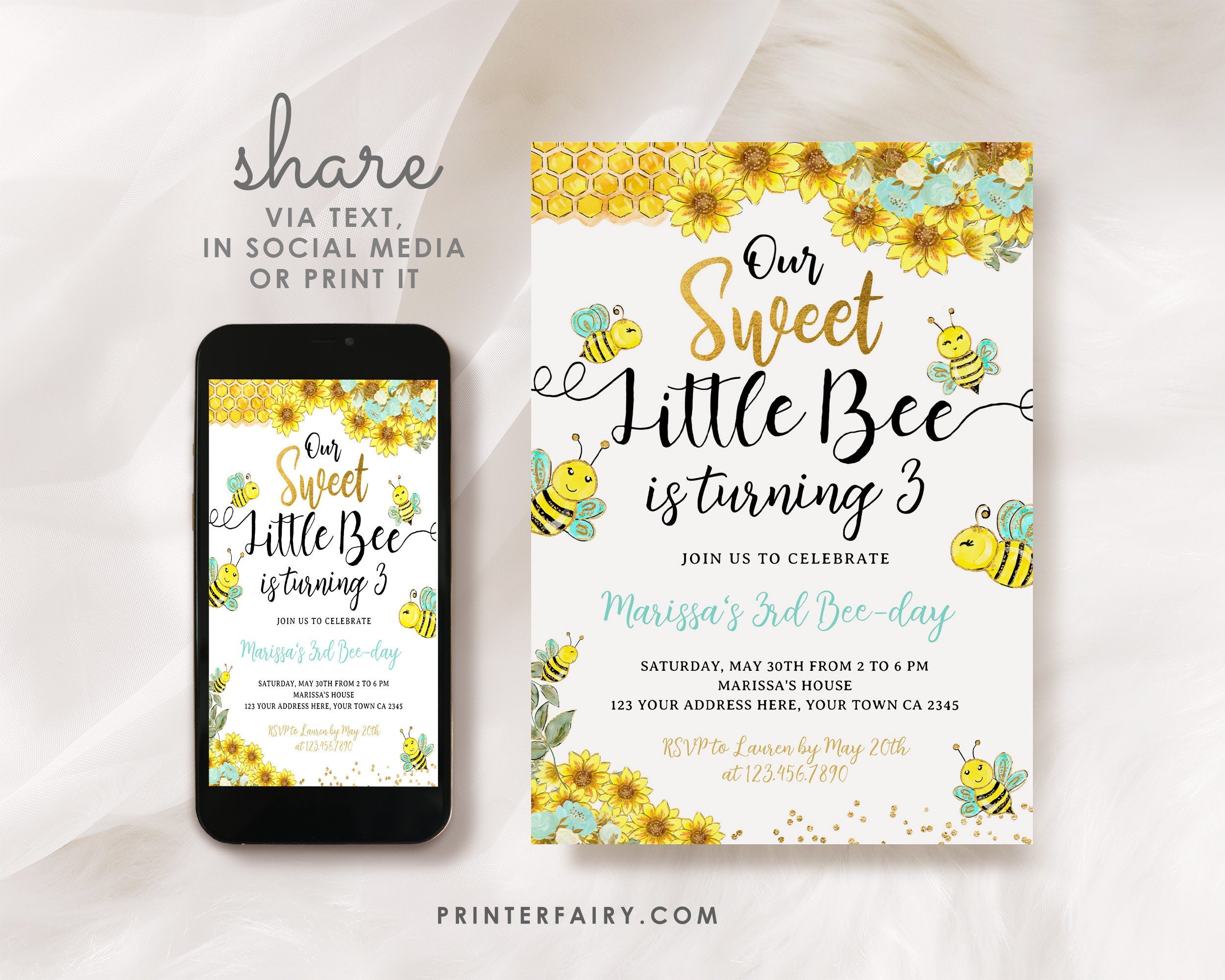 Sunflower Bee Birthday Invitation, Editable Bee-Day Party (Instant Download)