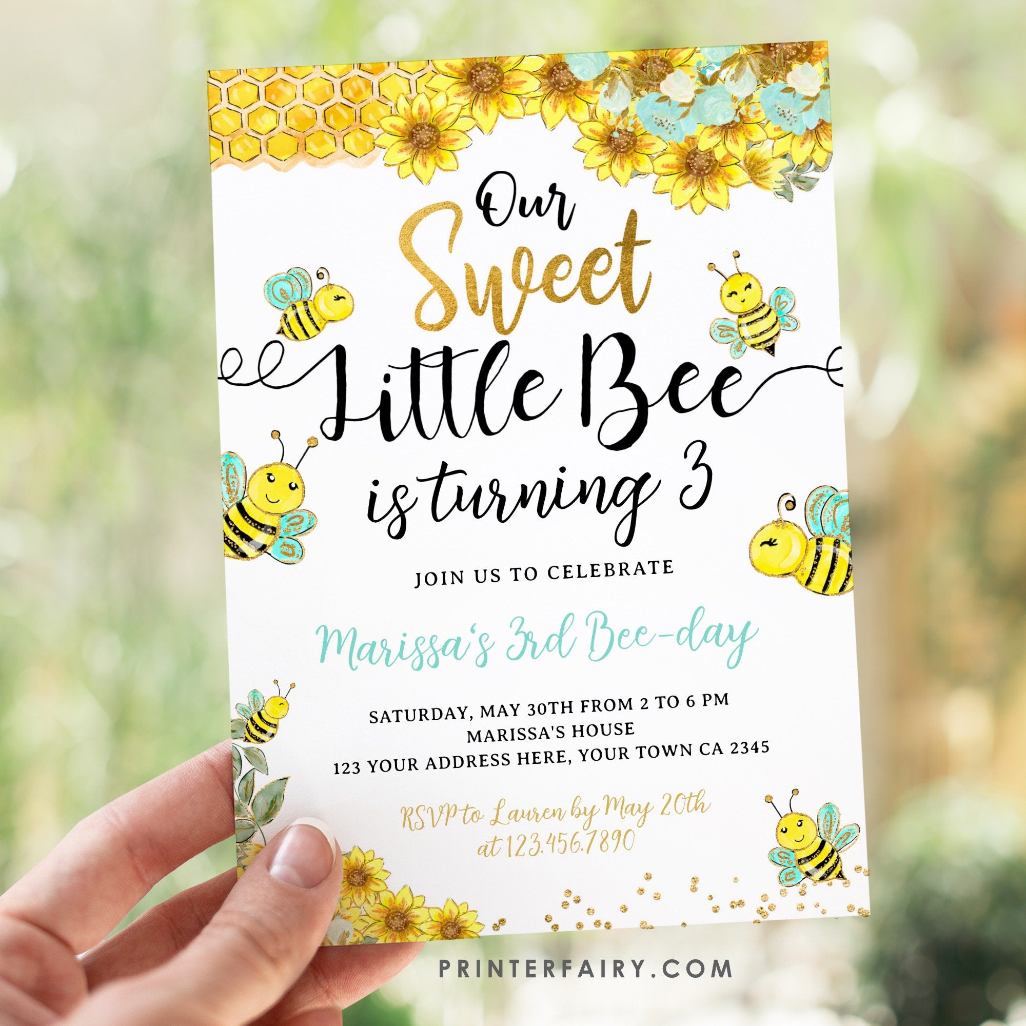 Sunflower Bee Birthday Invitation, Editable Bee-Day Party (Instant Download)