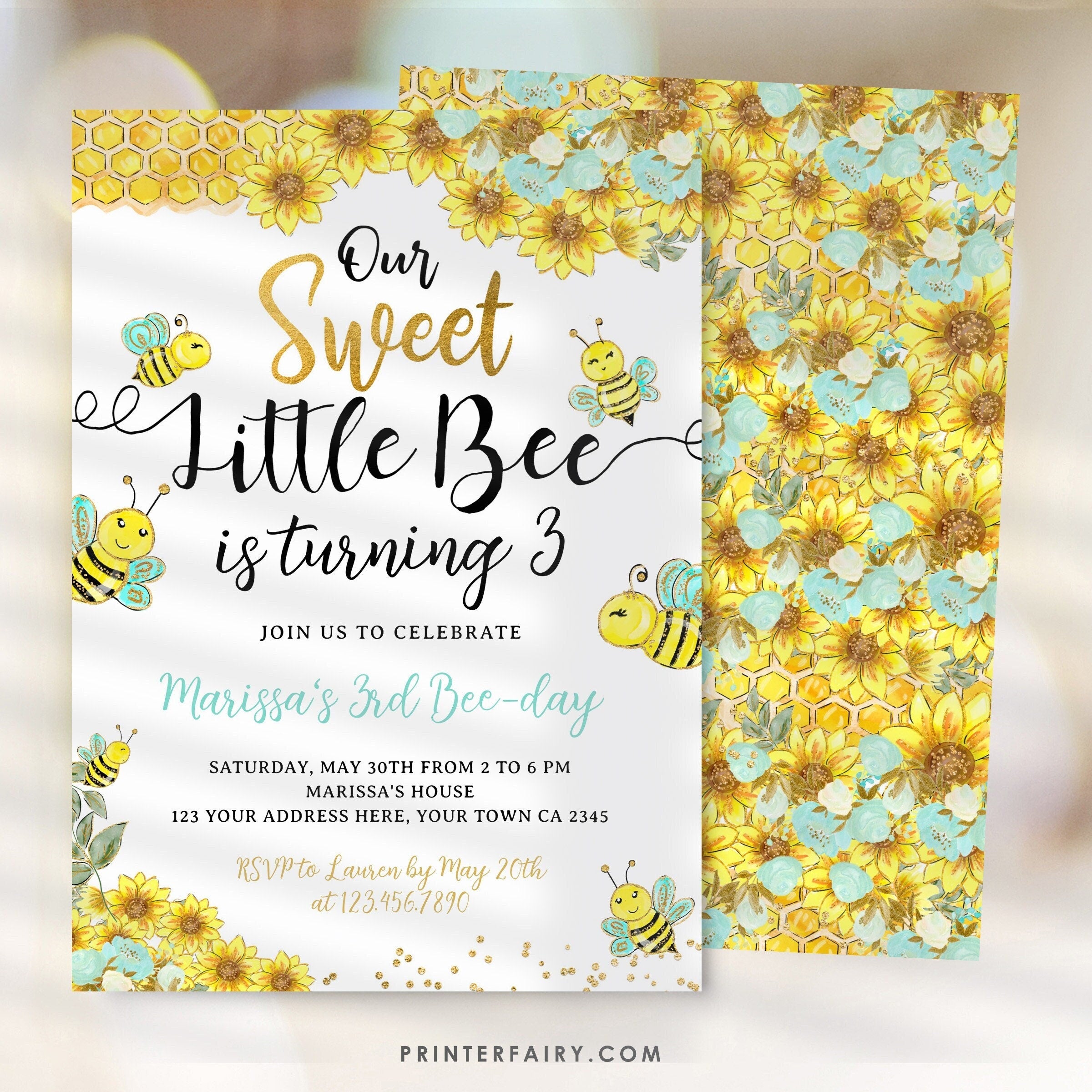 Sunflower Bee Birthday Invitation, Editable Bee-Day Party (Instant Download)