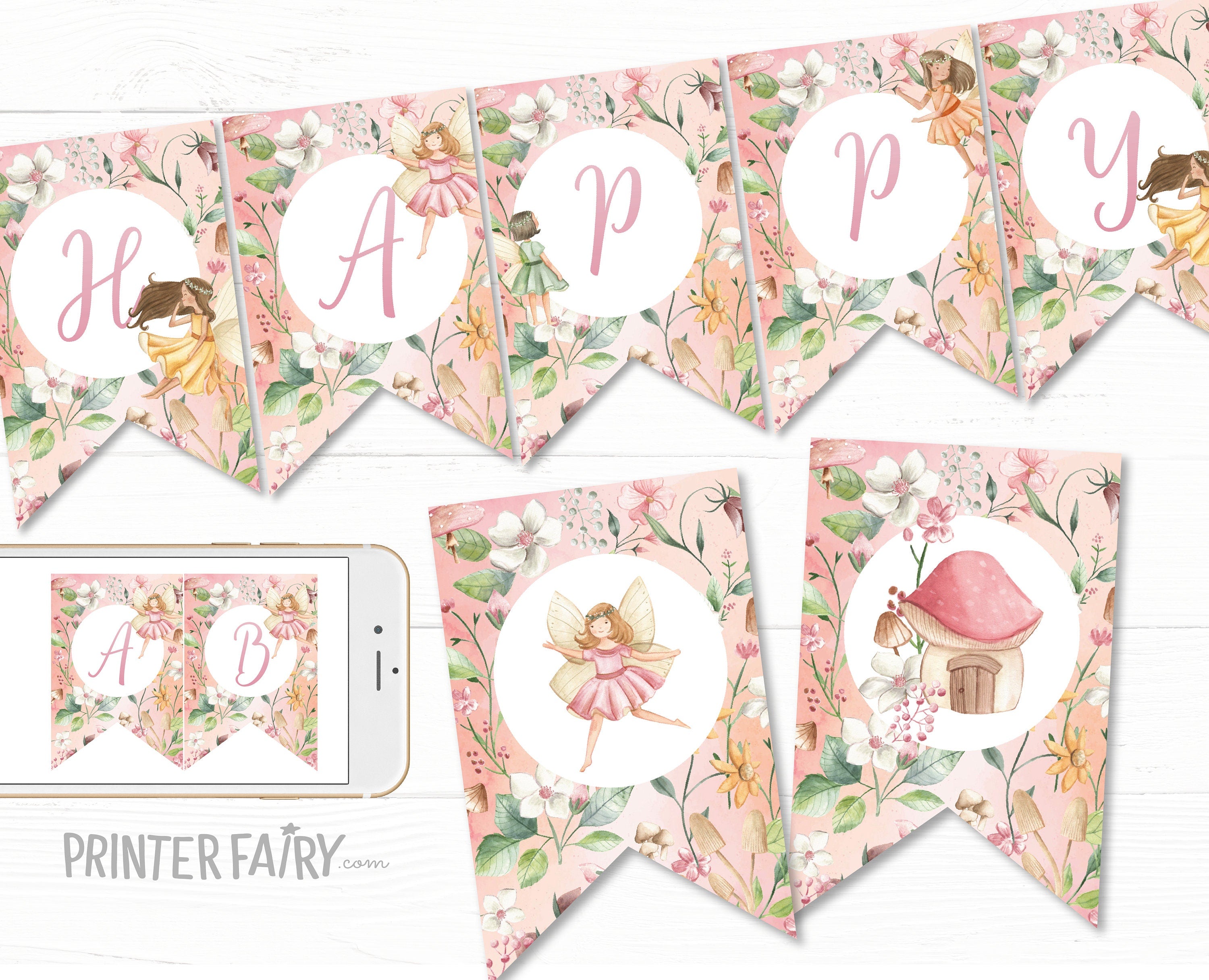 Fairy Birthday Party Printable Banner Editable Banner Template, Instant Download