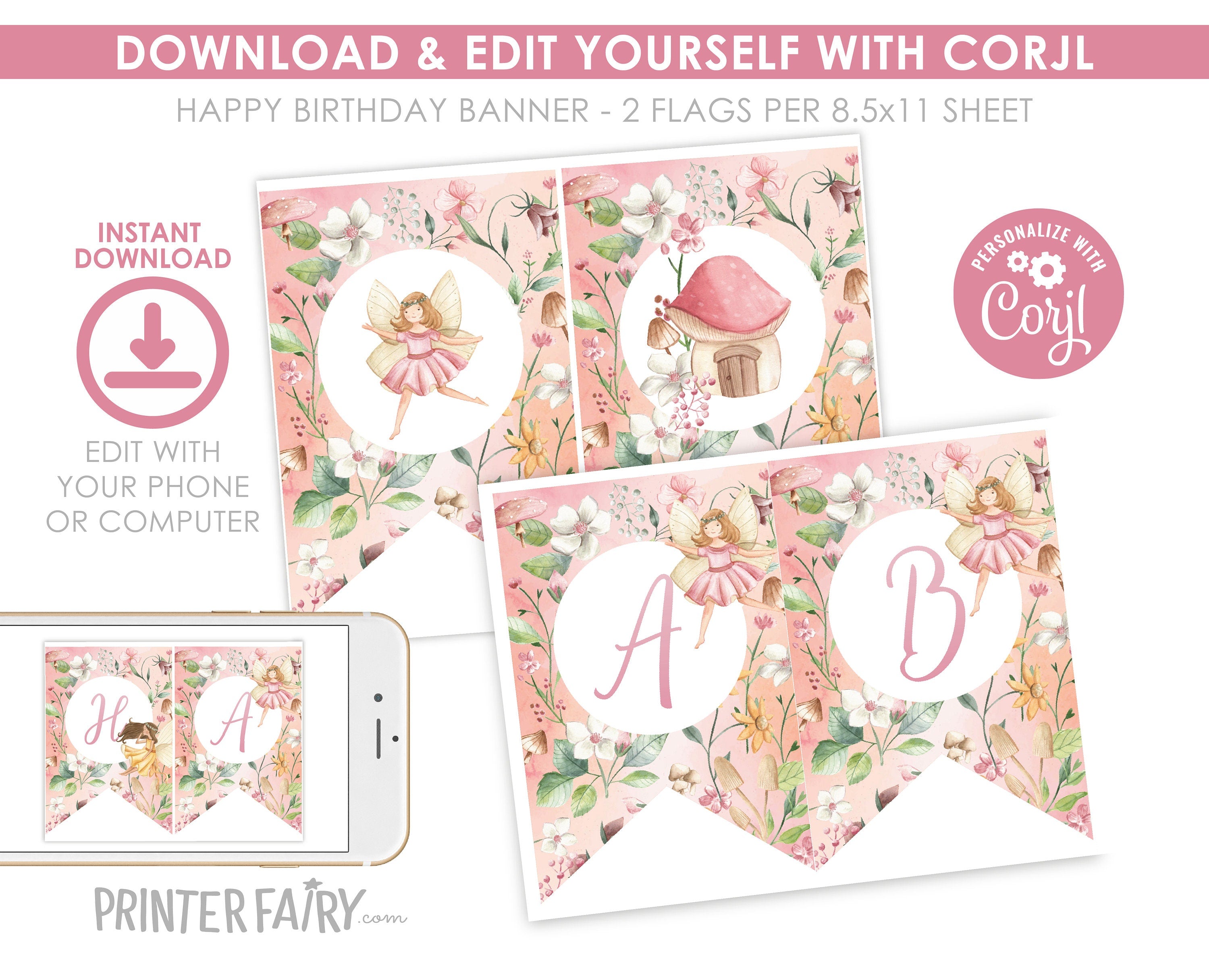 Fairy Birthday Party Printable Banner Editable Banner Template, Instant Download