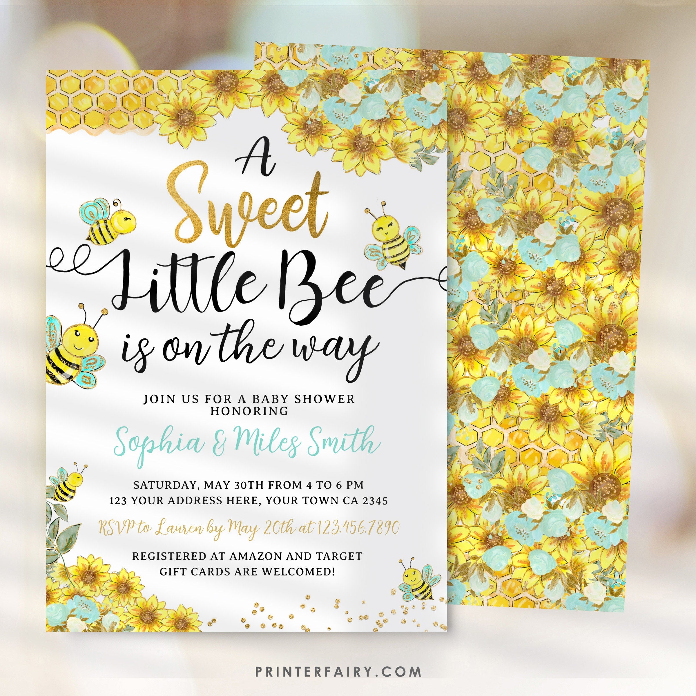 Bee Baby Shower Invitation, Sunflower, Editable (Digital Invite)