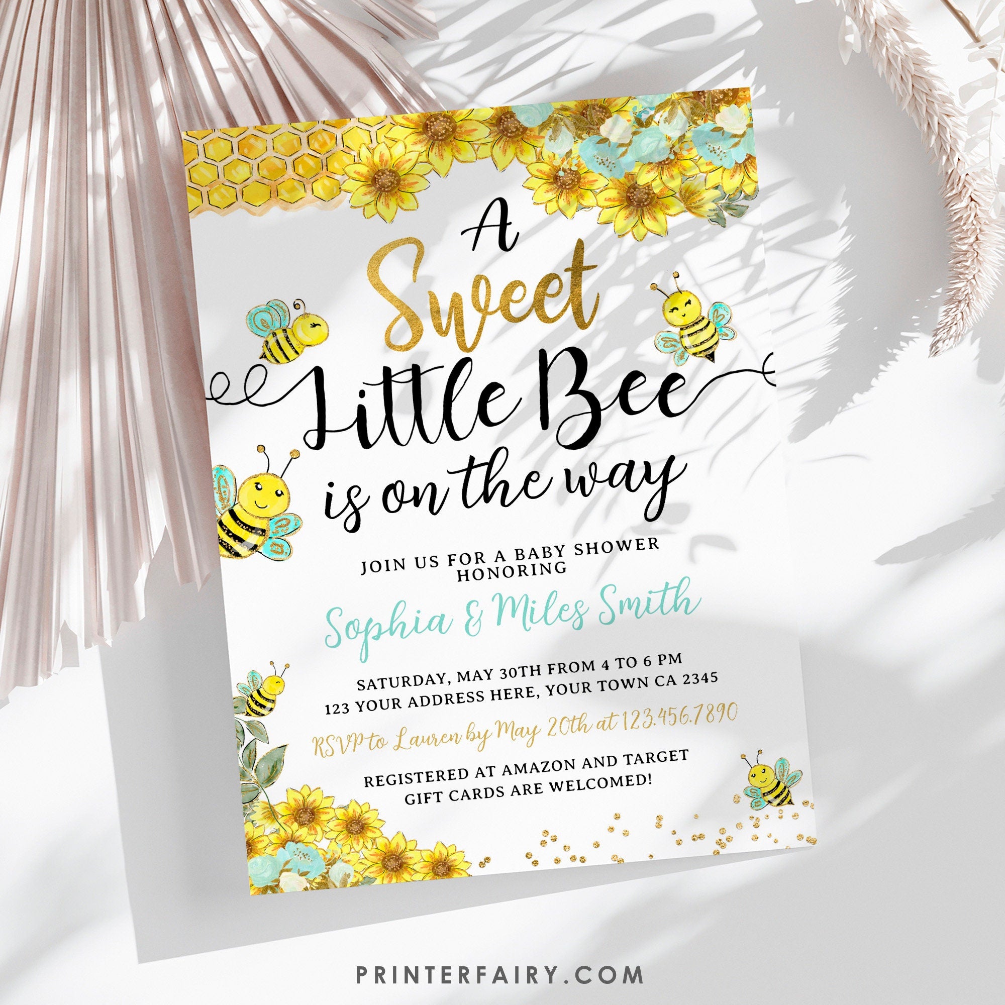 Bee Baby Shower Invitation, Sunflower, Editable (Digital Invite)