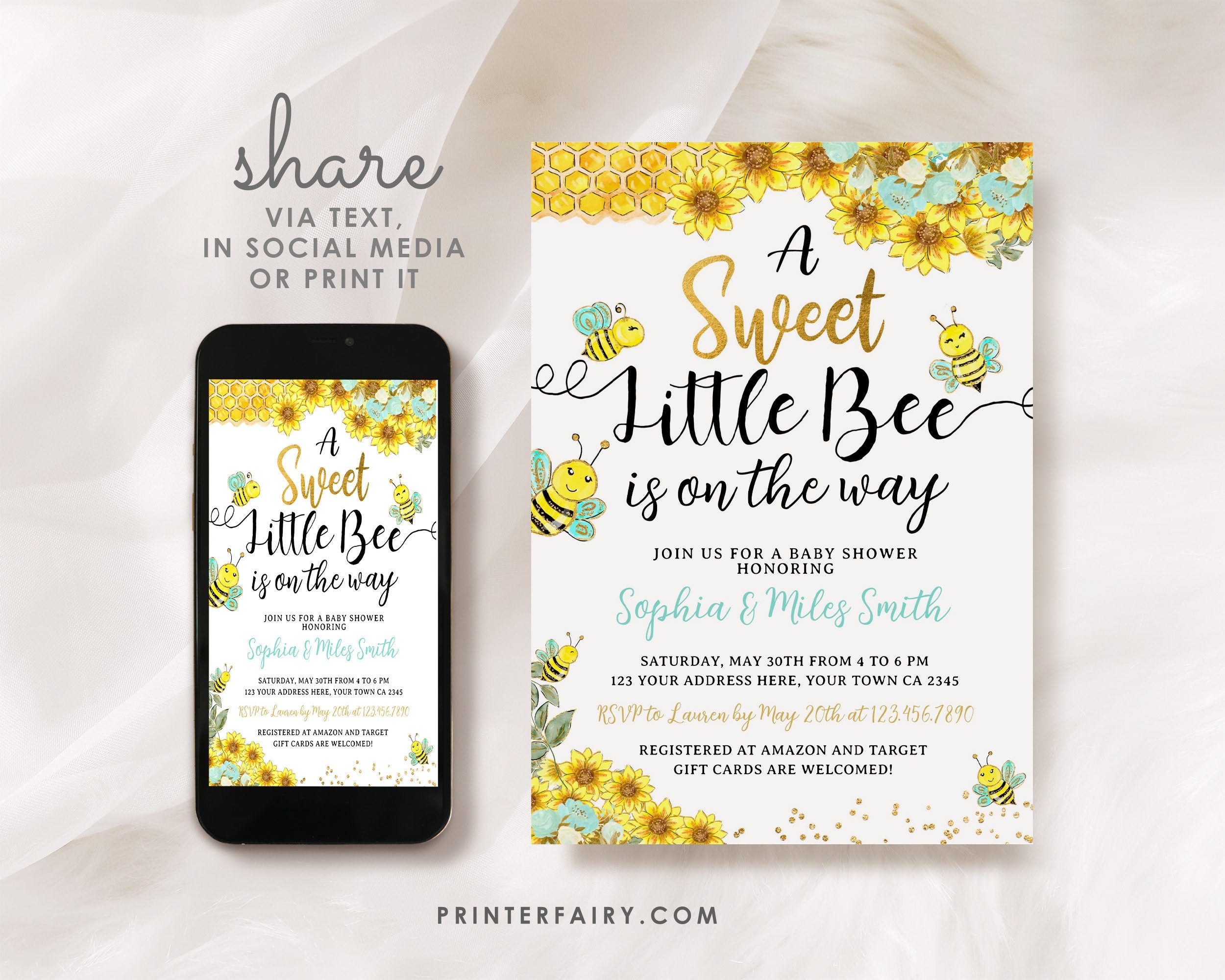Bee Baby Shower Invitation, Sunflower, Editable (Digital Invite)