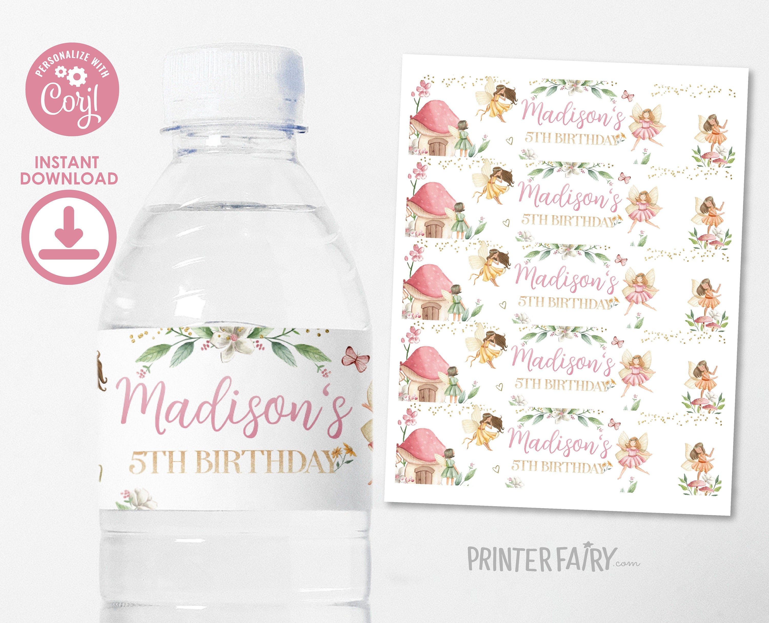 Editable Fairy Birthday Water Bottle Labels (Digital Download)