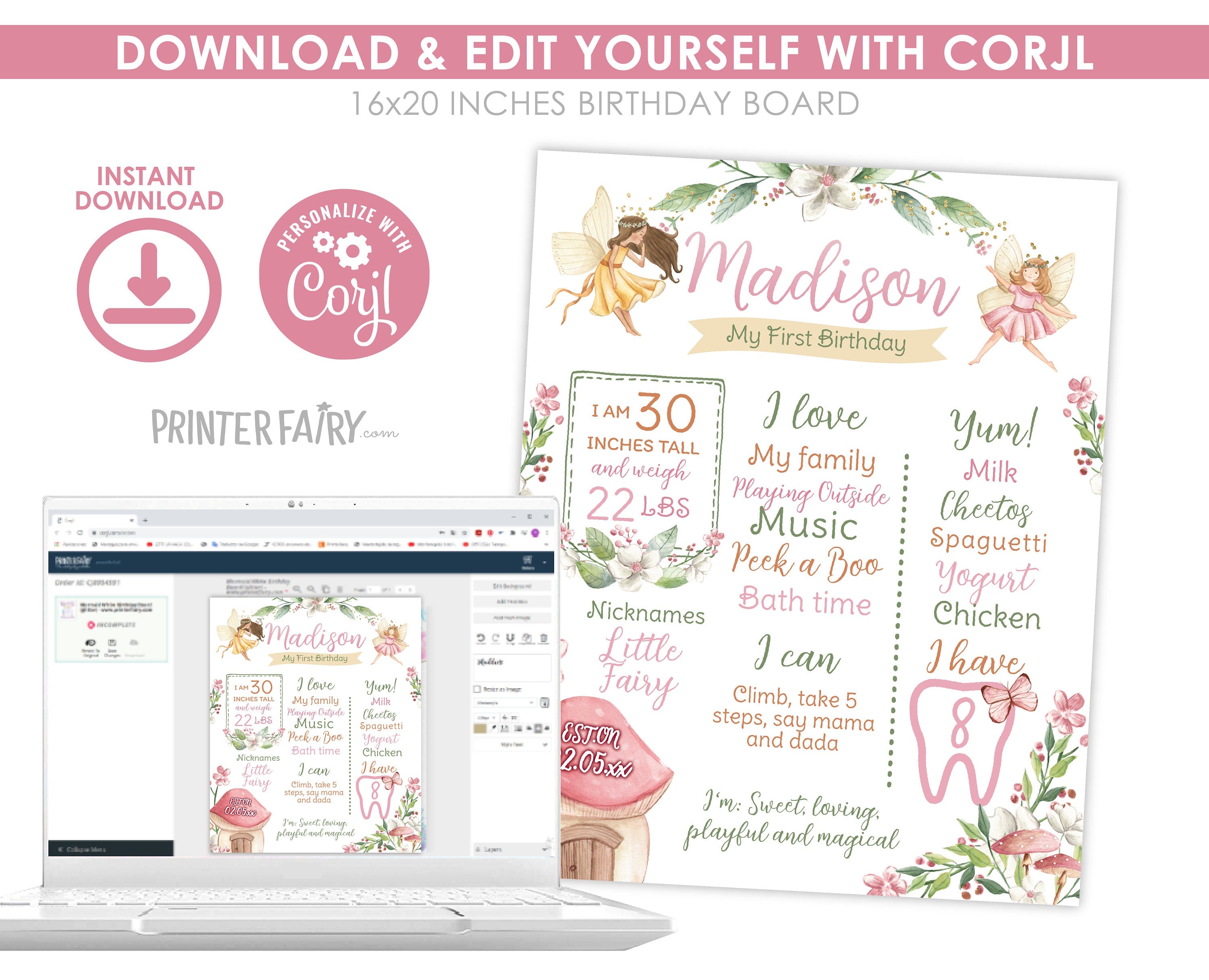 Editable Fairy First Birthday Milestones Sign, Princess Garden (Digital Download)