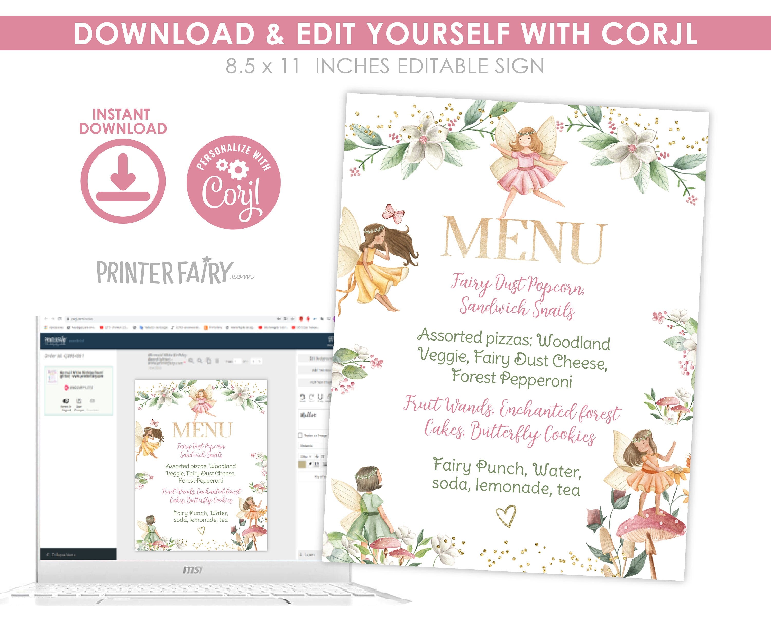 Editable Fairy Birthday Menu Sign, Princess Garden Theme (Digital Download)