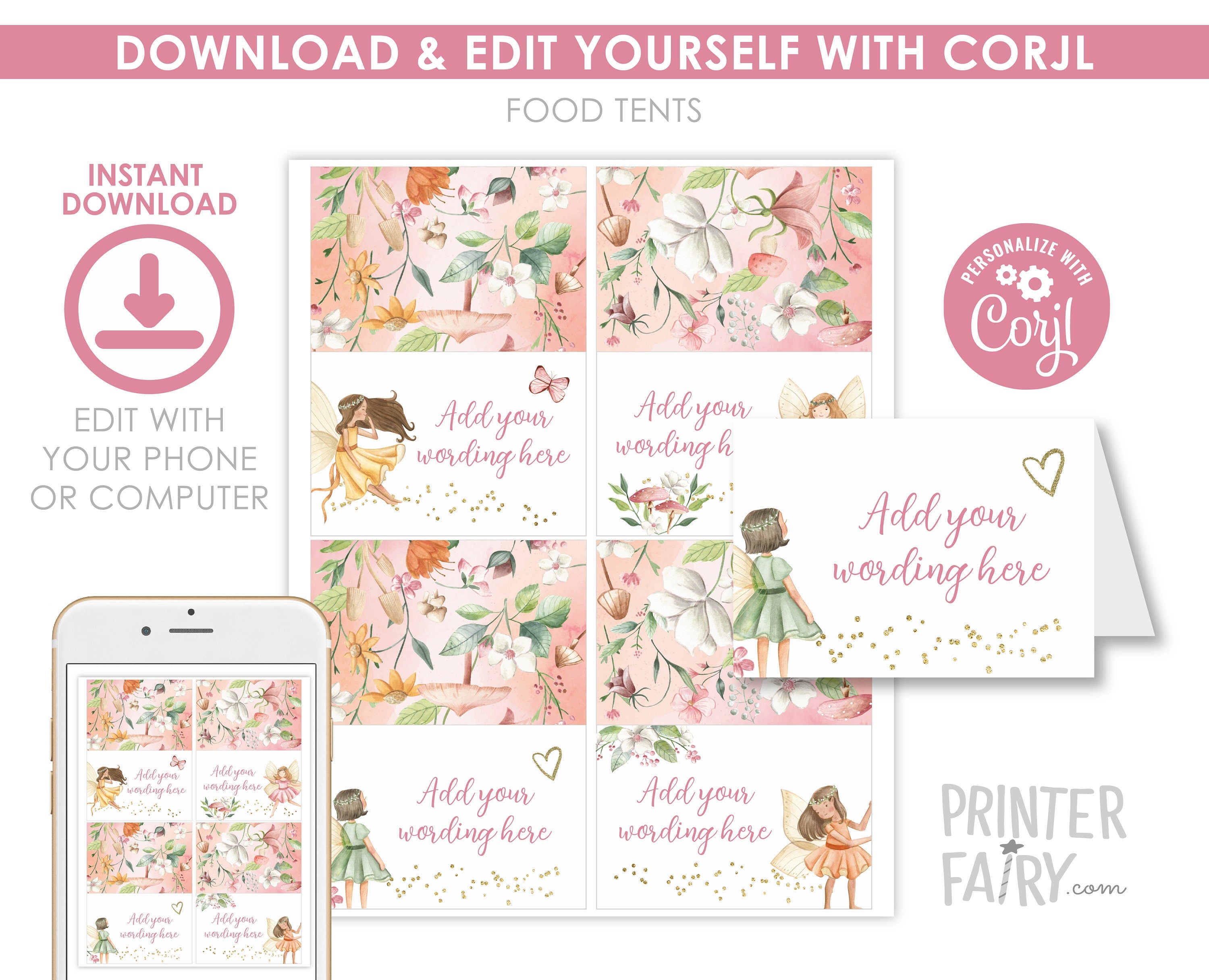 Editable Fairy Party Food Tents, Princess Birthday (Digital Download)