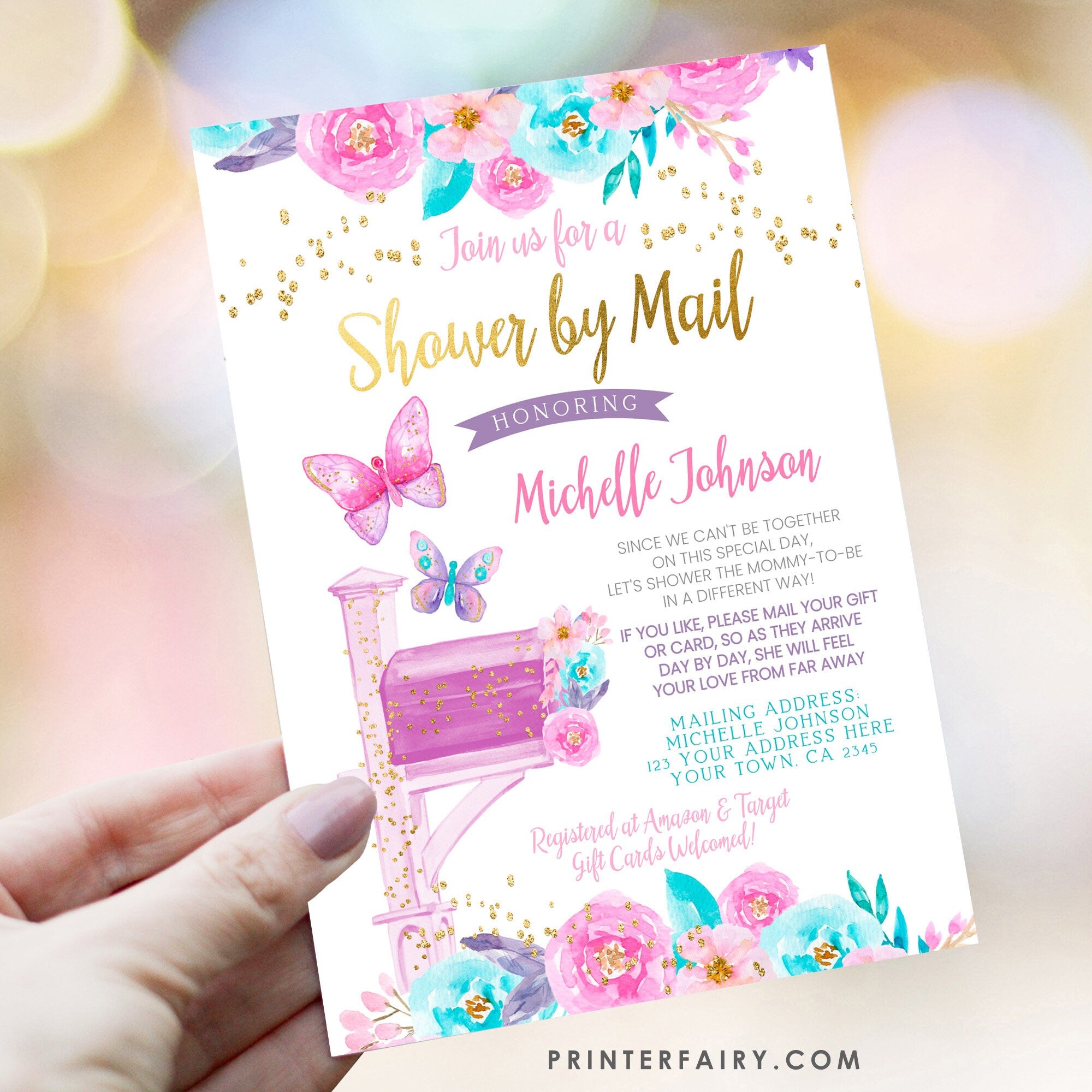 Butterfly Baby Shower by Mail Invitation Editable Template, INSTANT DOWNLOAD
