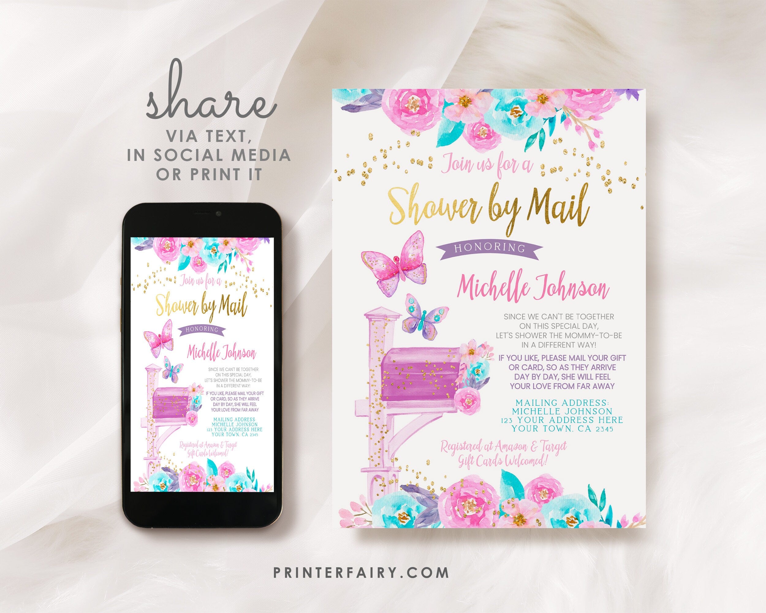 Butterfly Baby Shower by Mail Invitation Editable Template, INSTANT DOWNLOAD