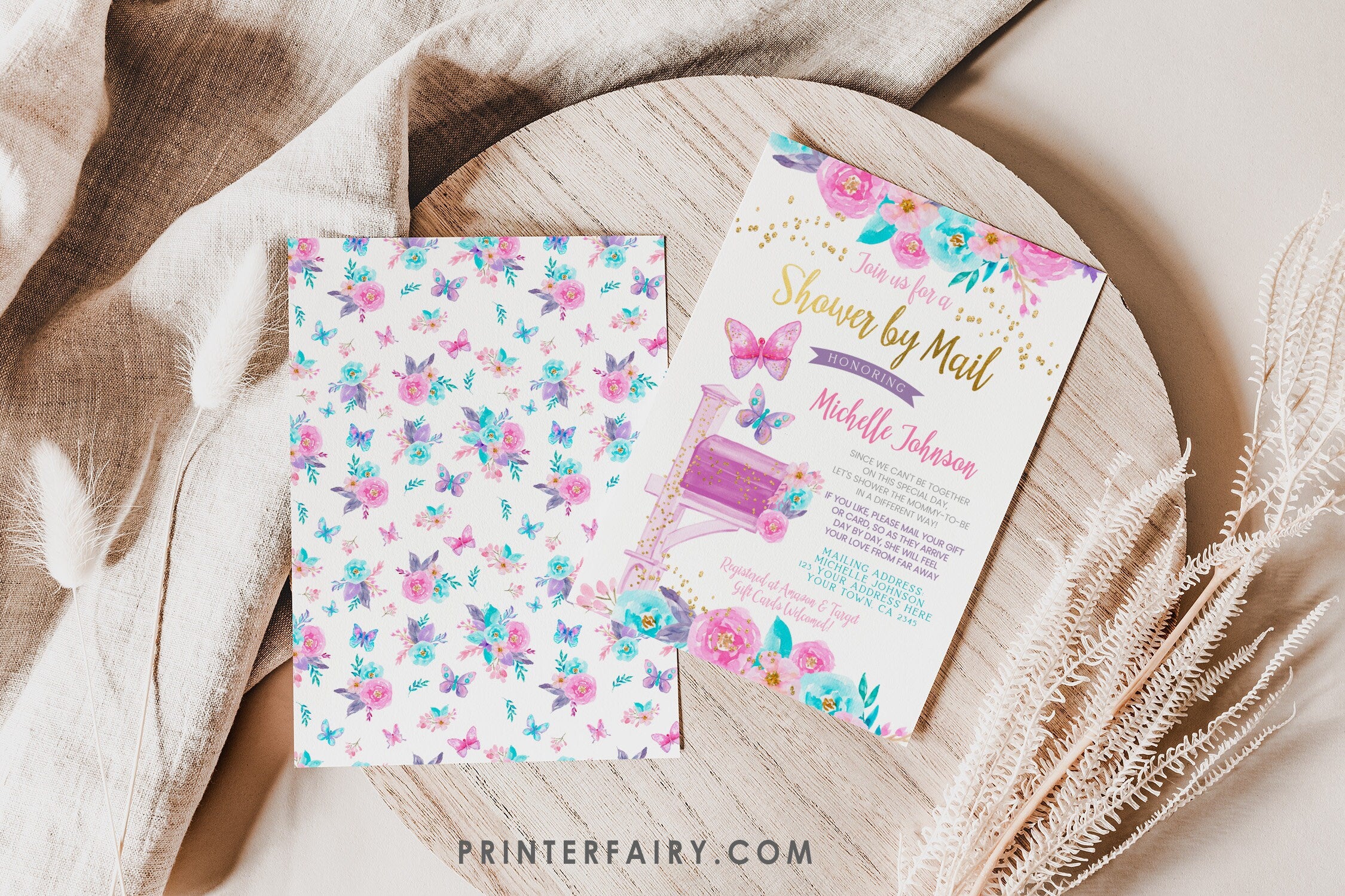 Butterfly Baby Shower by Mail Invitation Editable Template, INSTANT DOWNLOAD