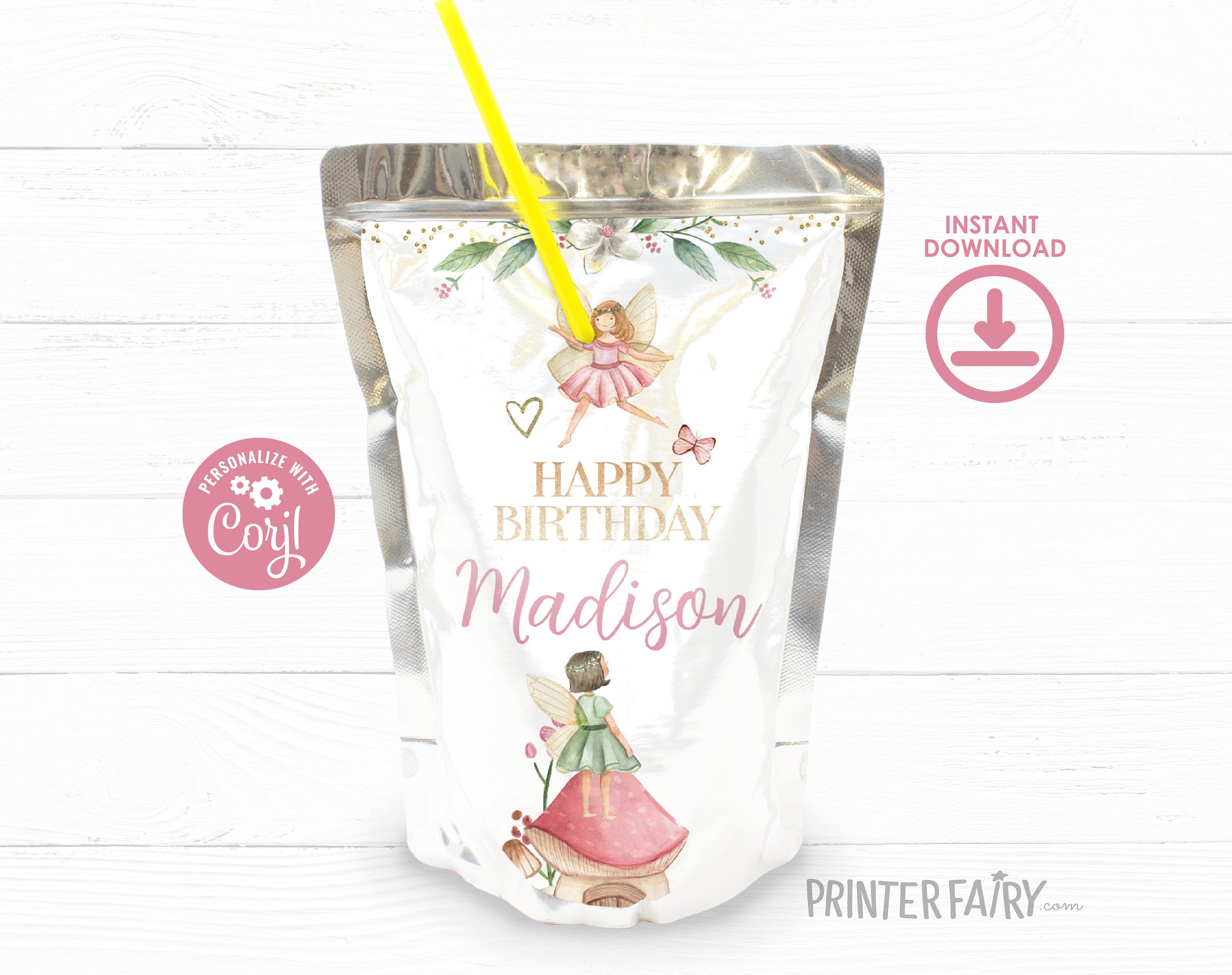 Editable Fairy Birthday Drink Pouch Labels, Princess Garden Theme (Digital)
