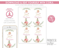 Editable Fairy Birthday Drink Pouch Labels, Princess Garden Theme (Digital)