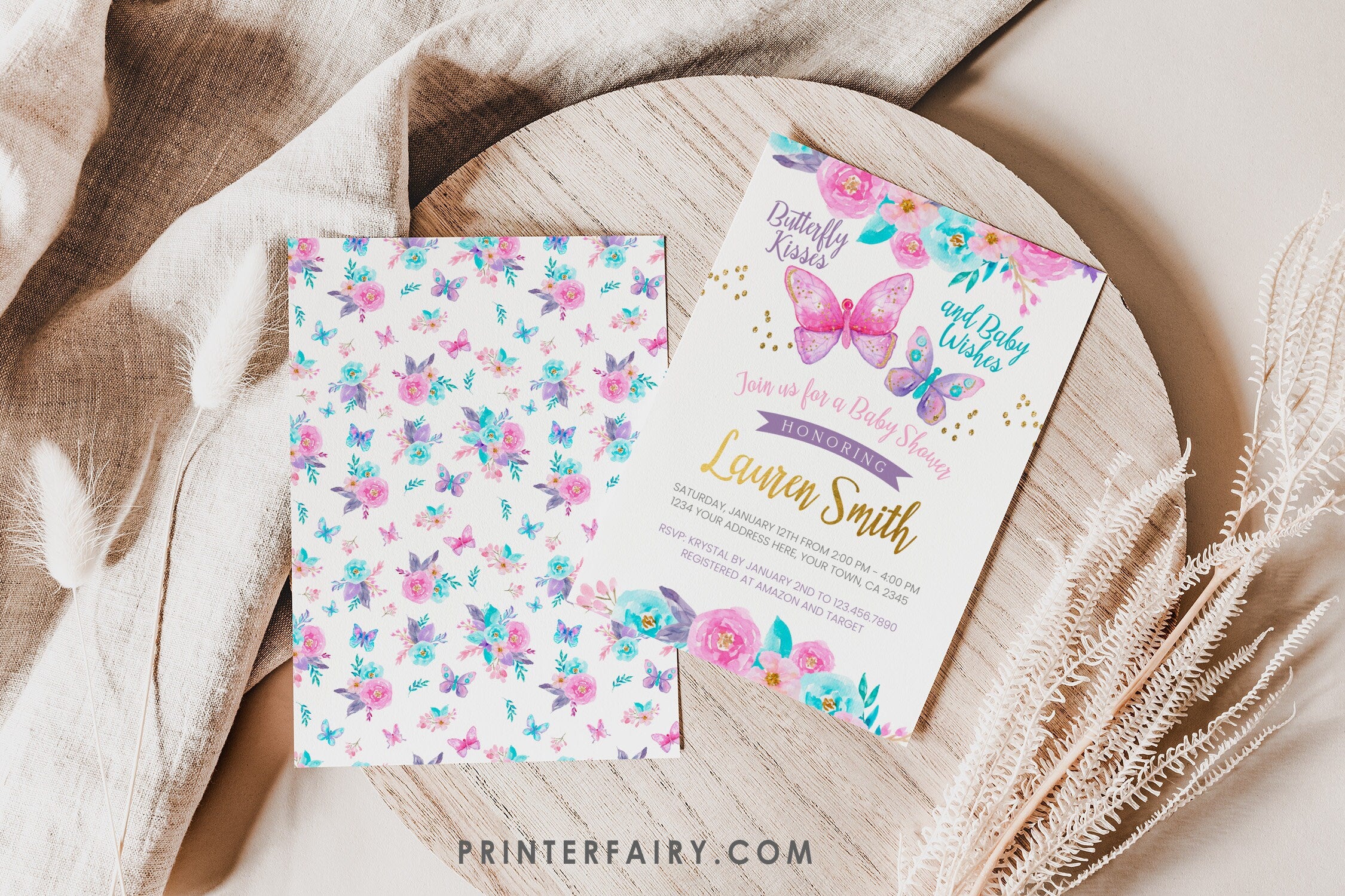 Butterfly Baby Shower Invitation, Spring Floral Girl Invite (Digital Download)