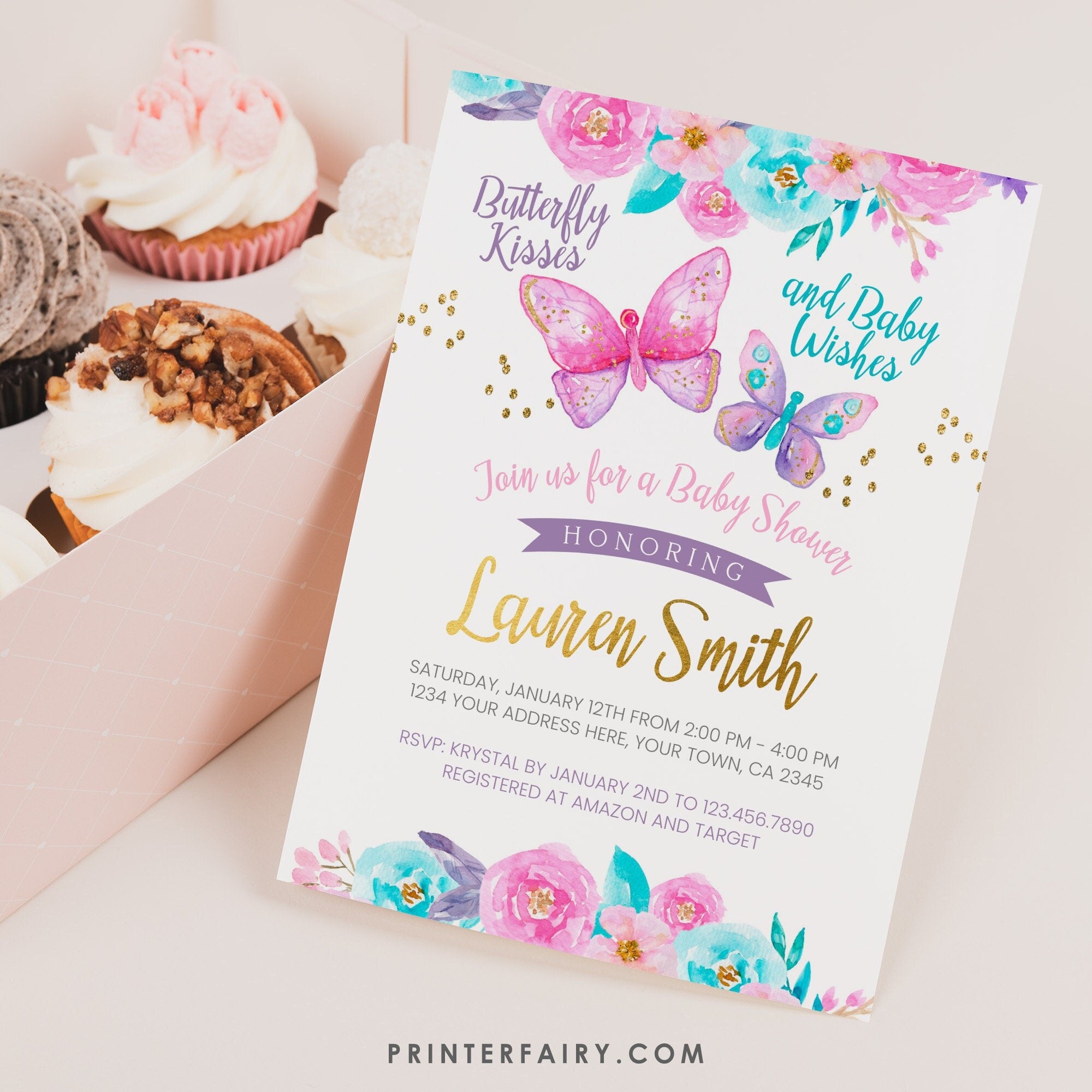 Butterfly Baby Shower Invitation, Spring Floral Girl Invite (Digital Download)