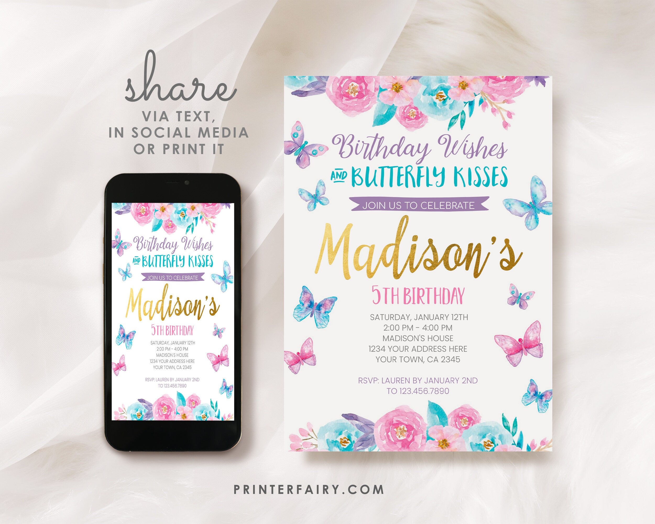 Butterfly Birthday Invitation Editable Template, Spring Garden Party INSTANT DOWNLOAD