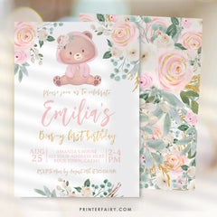 Bear First Birthday Invitation, Pink Floral Girl Invite (INSTANT DOWNLOAD)