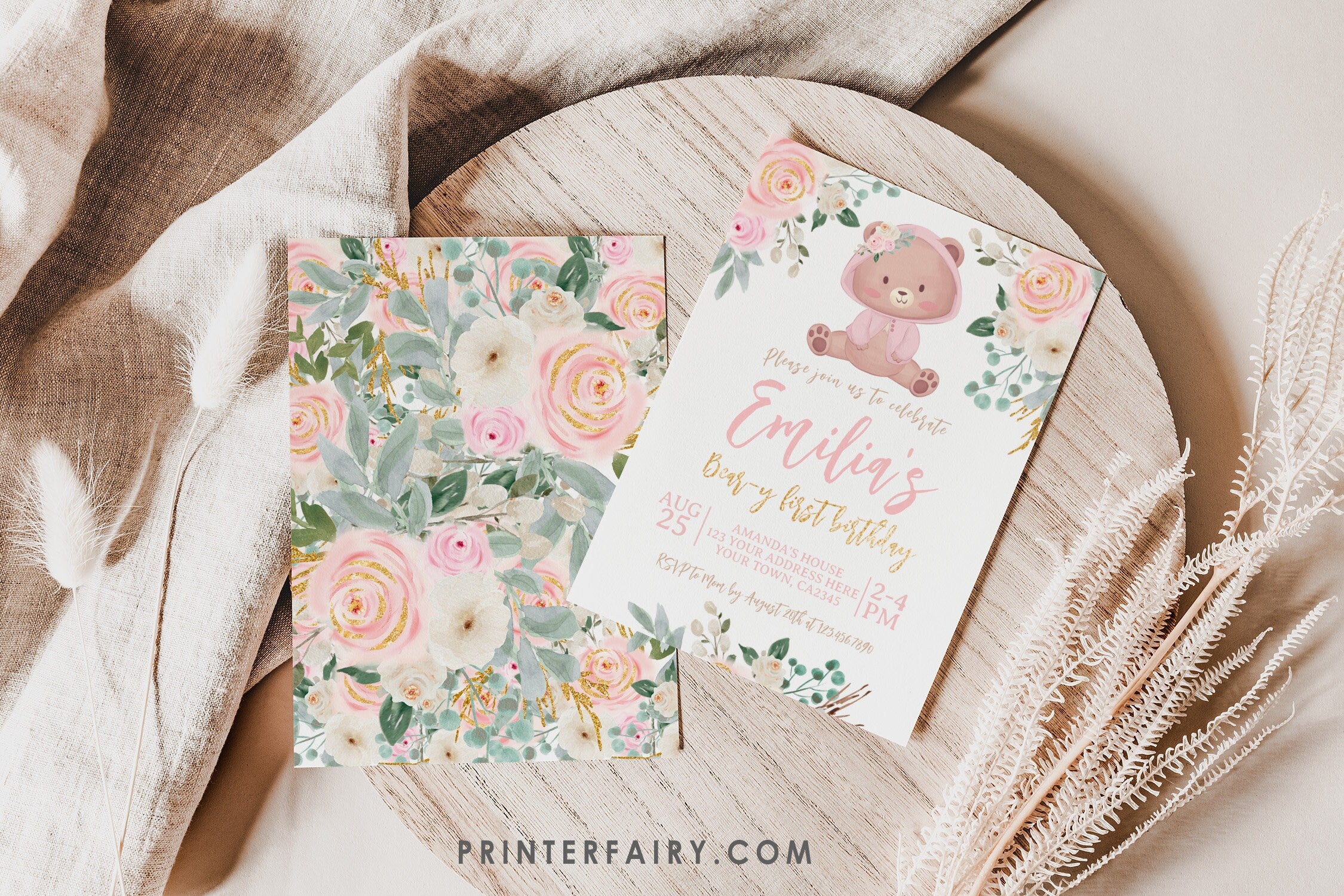 Bear First Birthday Invitation, Pink Floral Girl Invite (INSTANT DOWNLOAD)