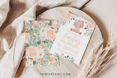 Bear First Birthday Invitation, Pink Floral Girl Invite (INSTANT DOWNLOAD)