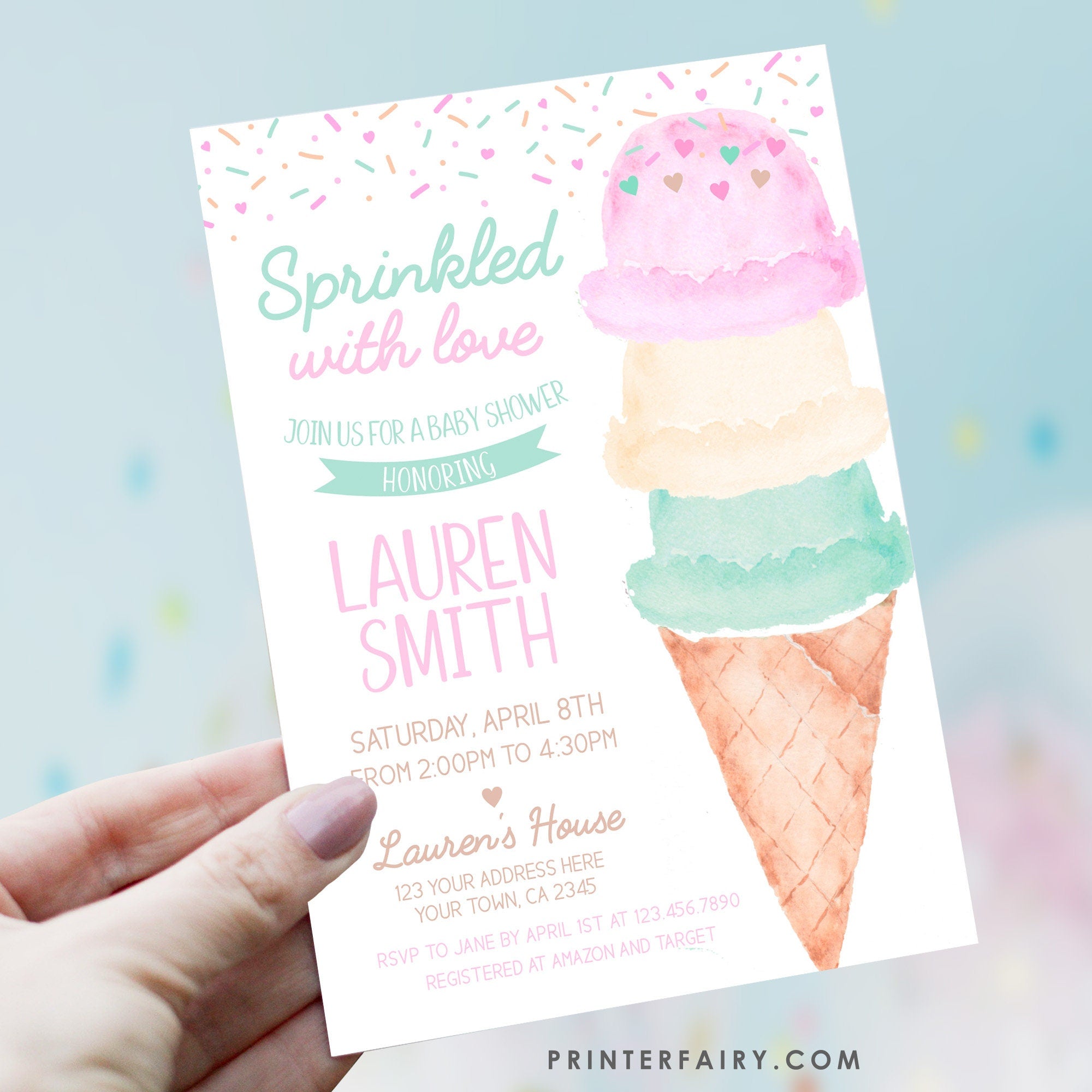 Ice Cream Baby Shower Invitation Editable Template, Sprinkled with Love (Digital Instant Download)