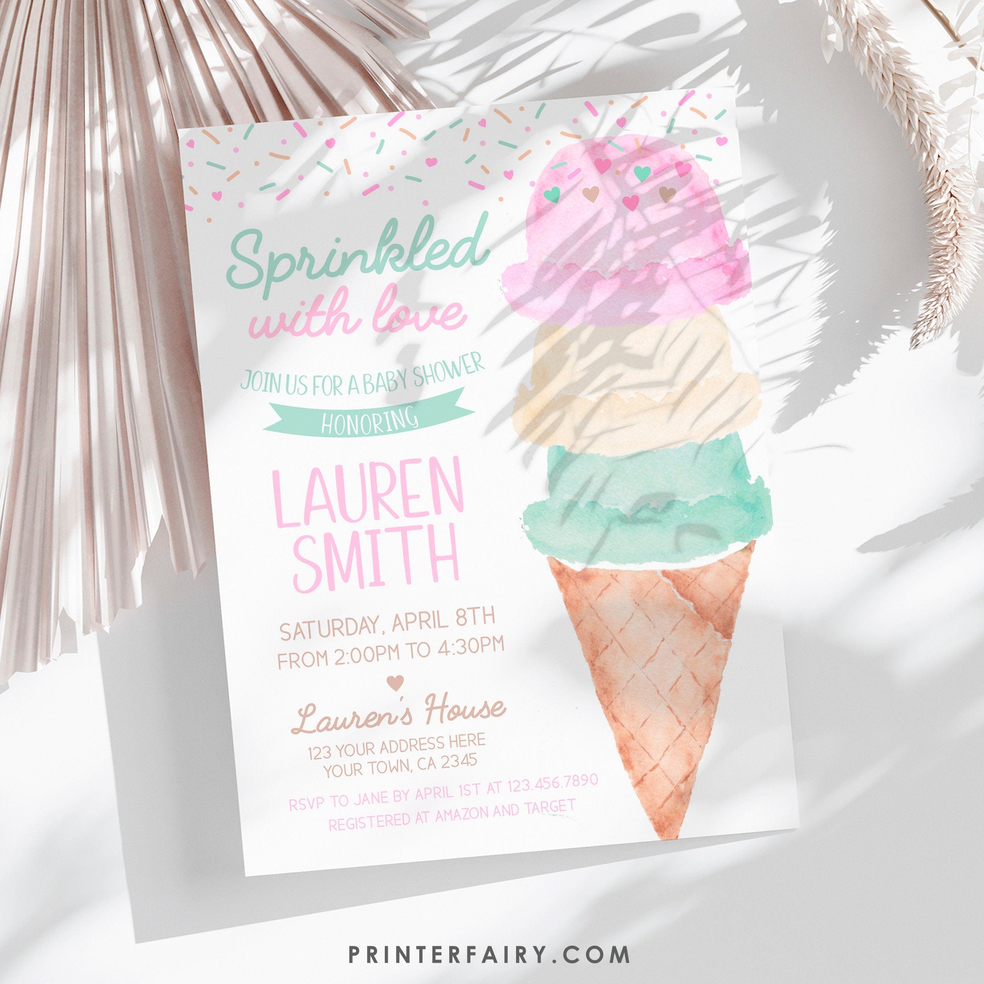 Ice Cream Baby Shower Invitation Editable Template, Sprinkled with Love (Digital Instant Download)