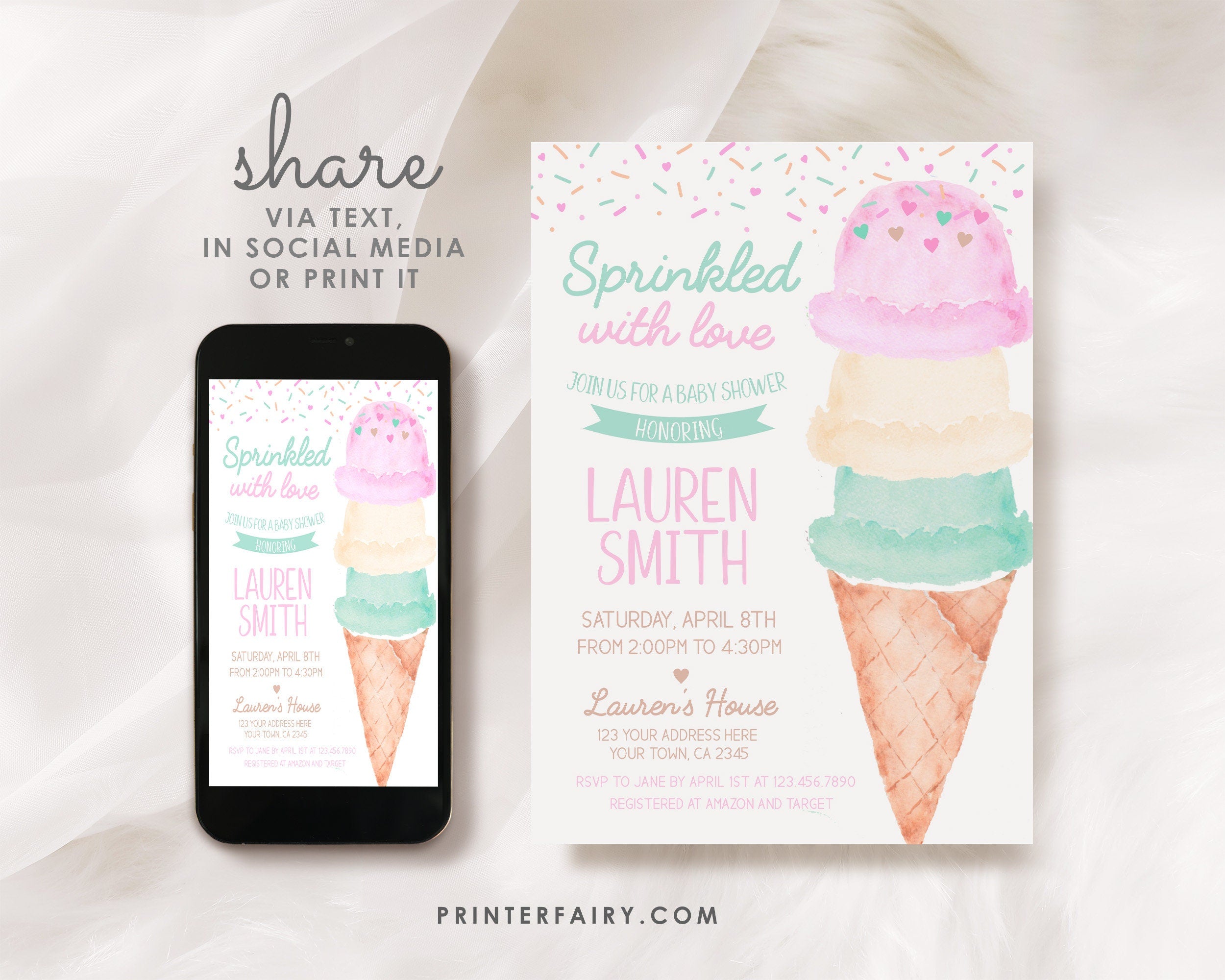Ice Cream Baby Shower Invitation Editable Template, Sprinkled with Love (Digital Instant Download)