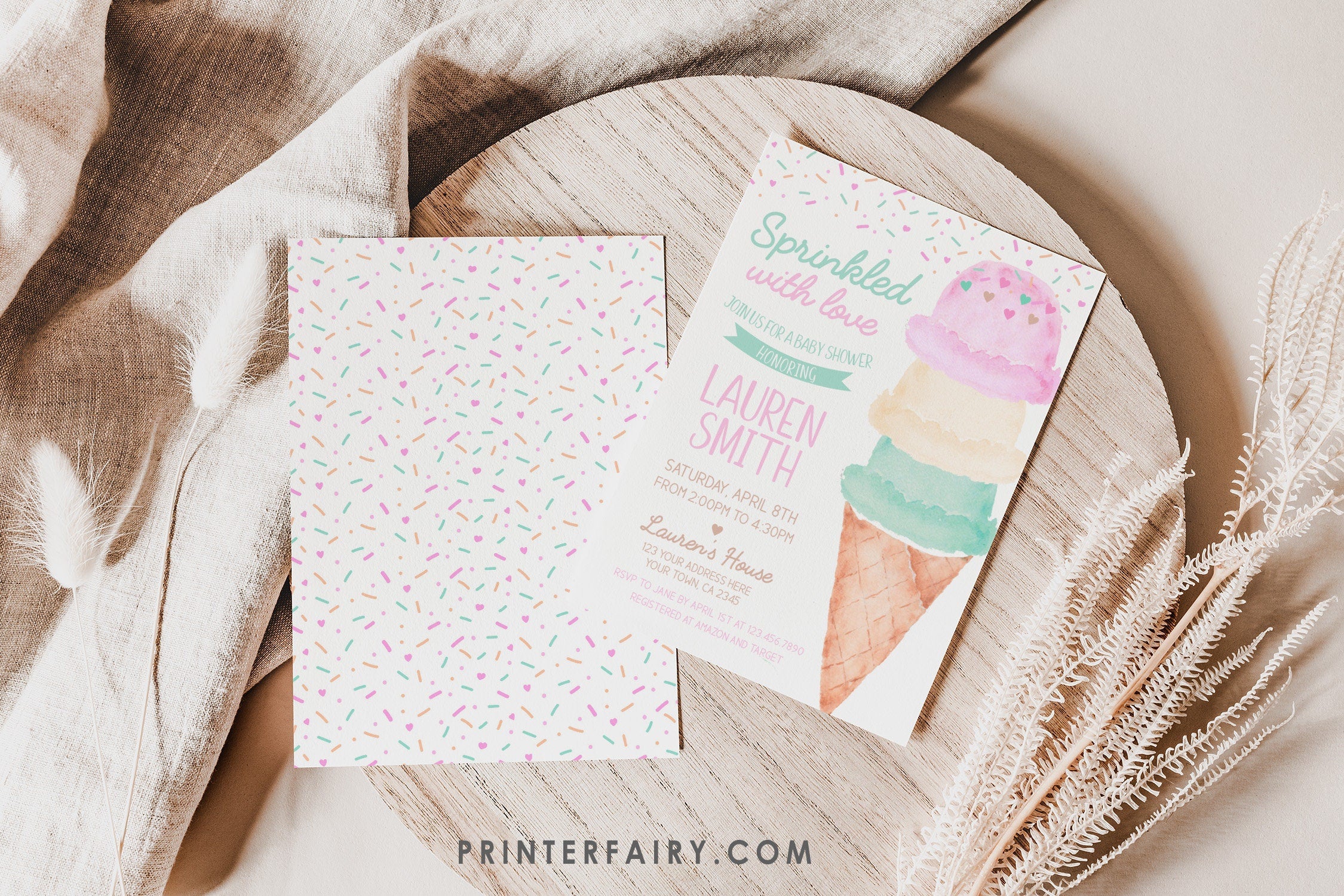 Ice Cream Baby Shower Invitation Editable Template, Sprinkled with Love (Digital Instant Download)