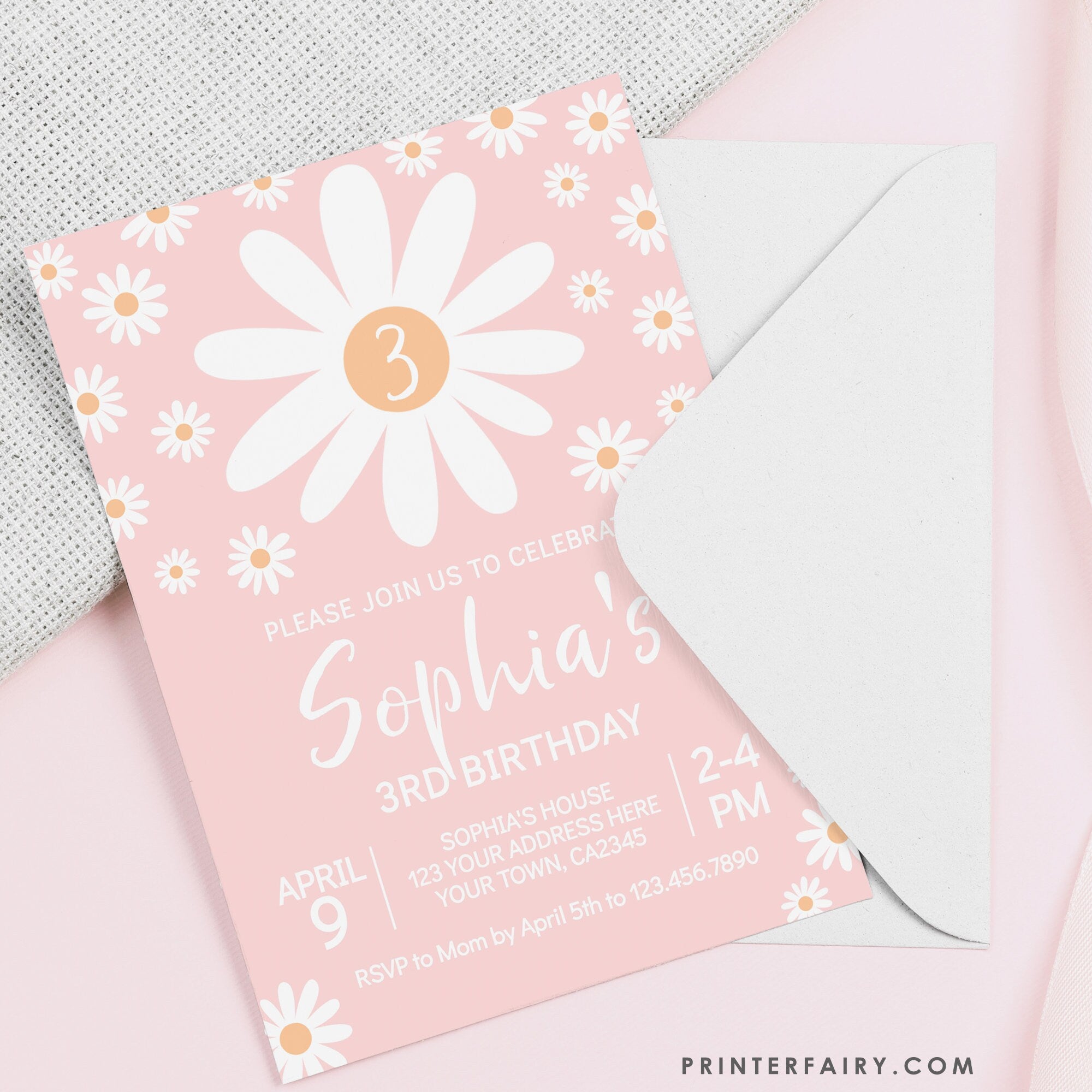 Editable Daisy Birthday Invitation Template, Floral Party (Digital Instant Download)