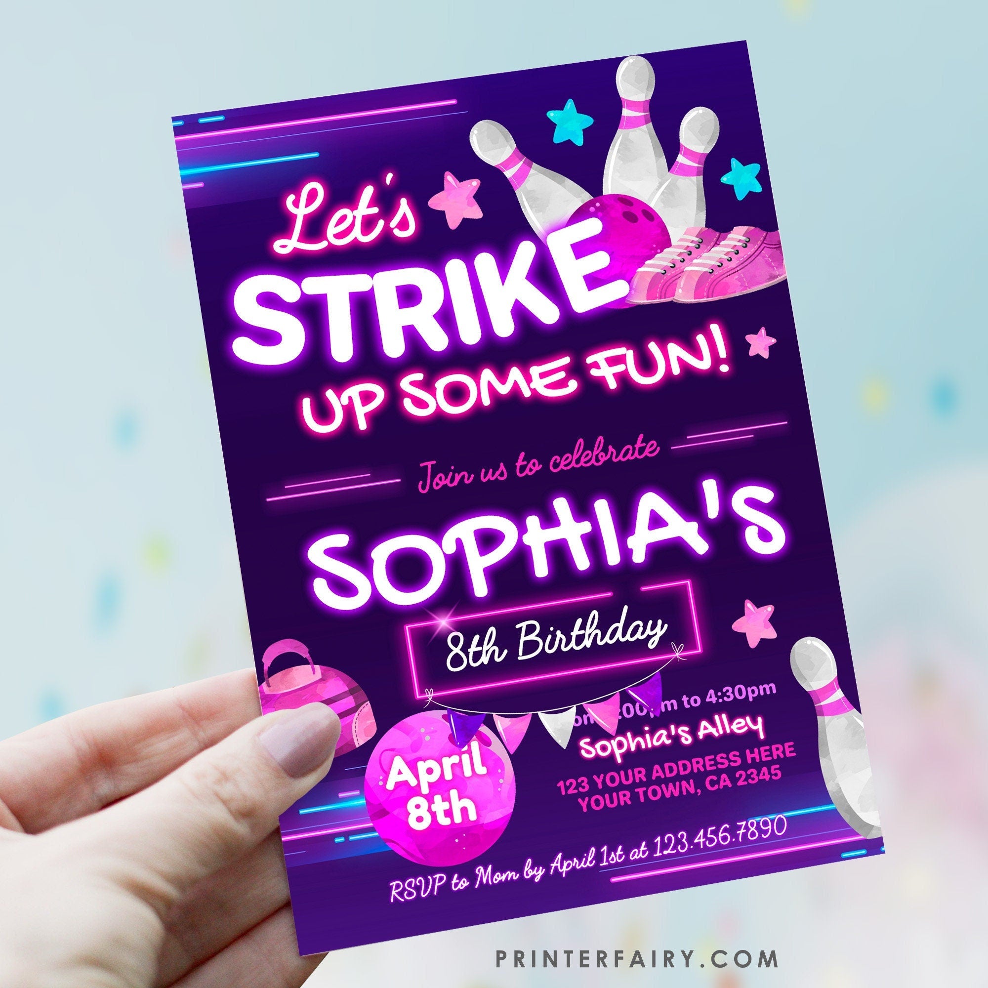 Bowling Birthday Party Invitation, Editable Template (Digital Download)