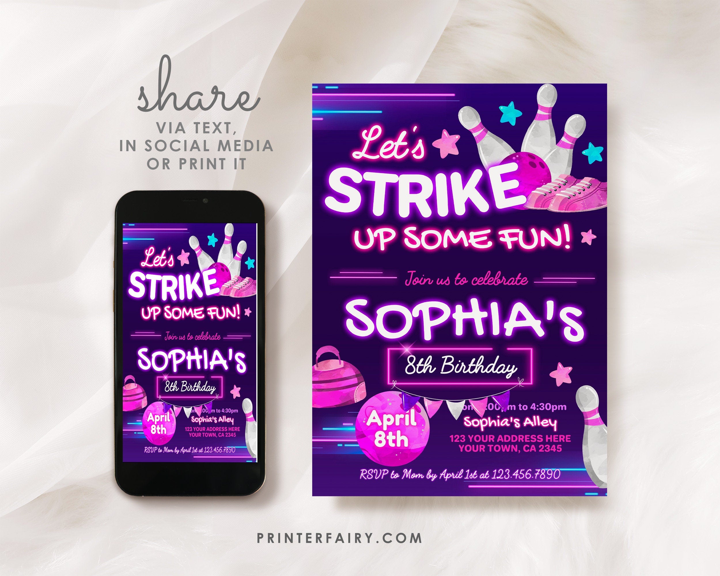 Bowling Birthday Party Invitation, Editable Template (Digital Download)